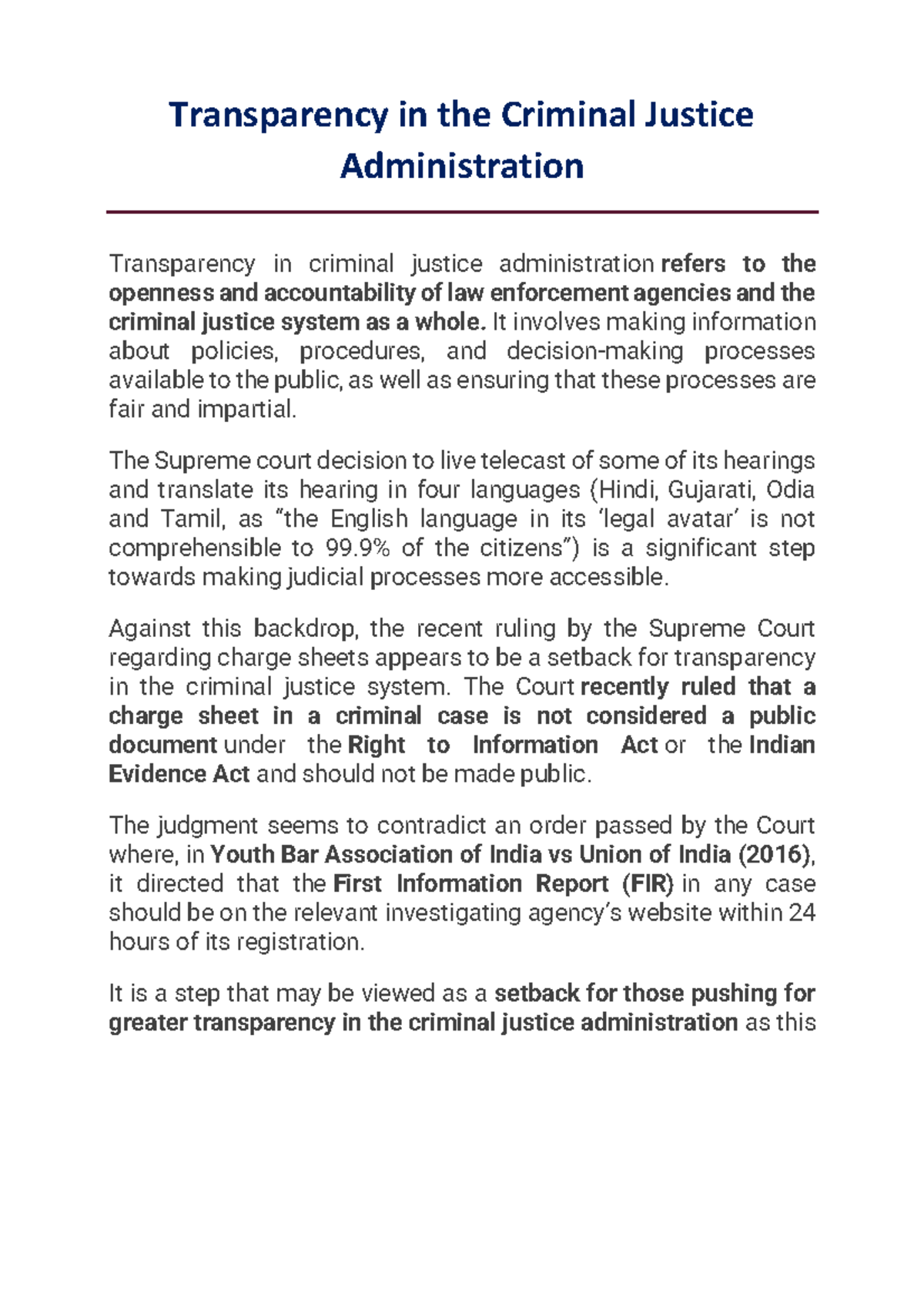 Transparency in the Criminal Justice Administration - Transparency in ...