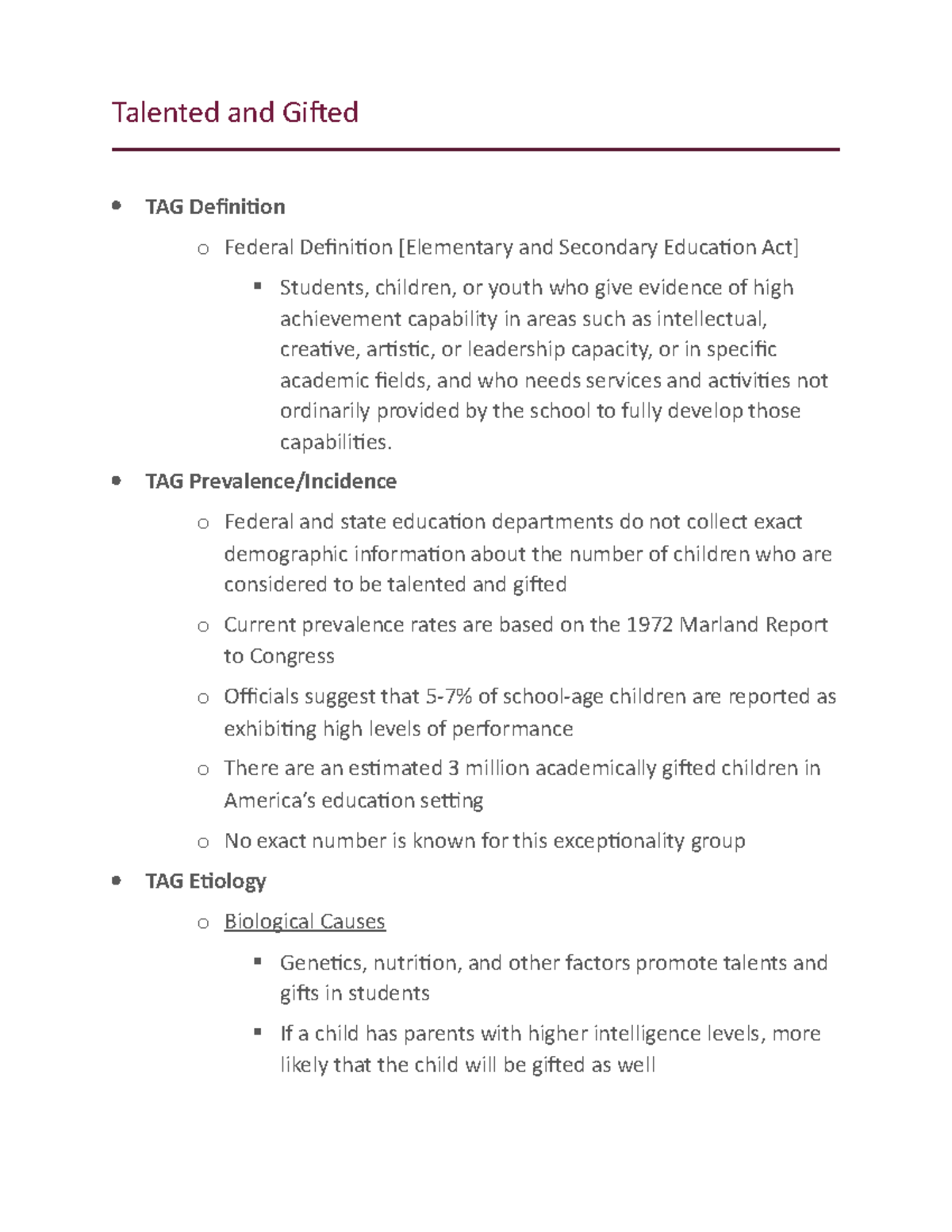 Talented and Gifted definition, prevalence/incidence, etiology