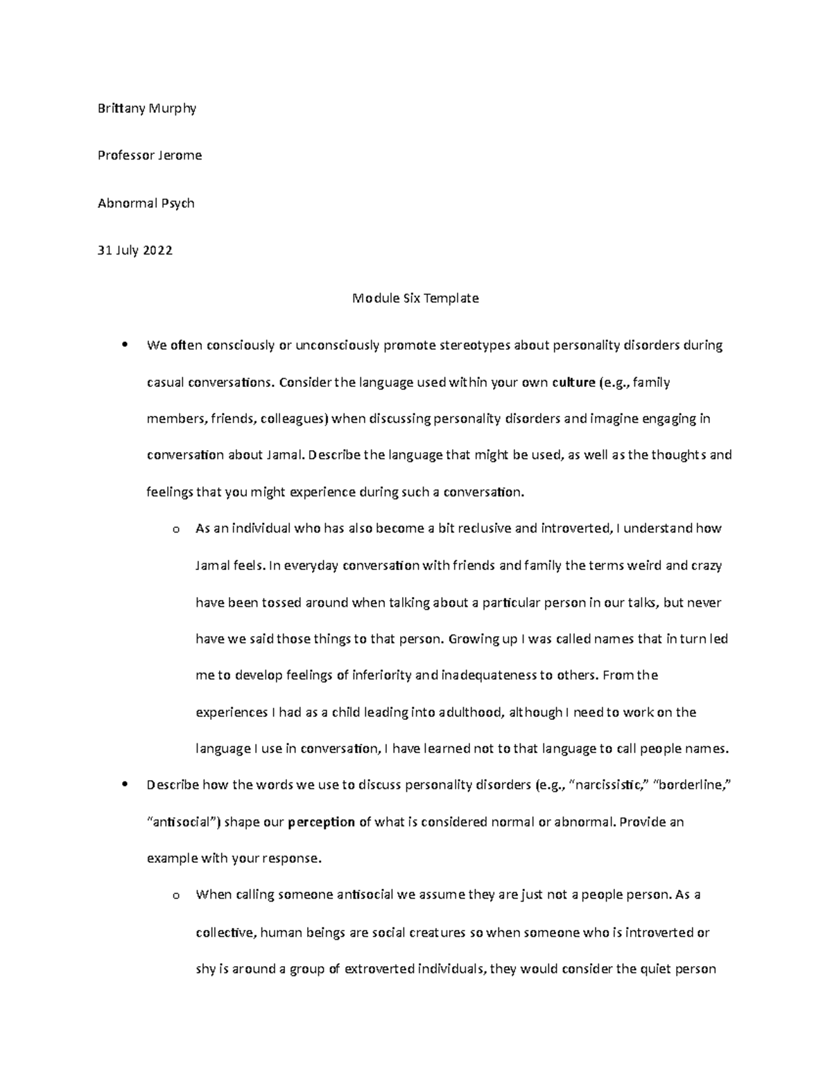 Module 6 template - Brittany Murphy Professor Jerome Abnormal Psych 31 ...