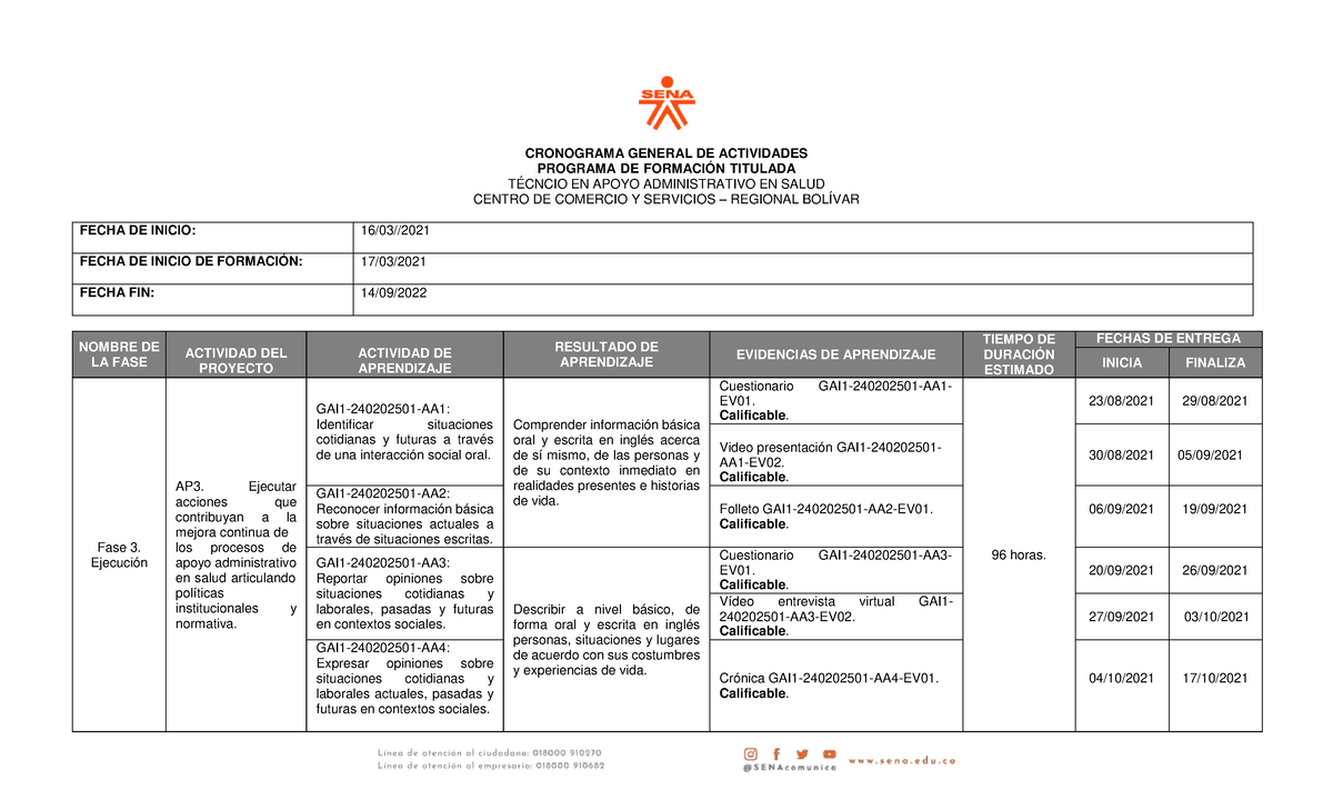 Cronograma De Ingles 2 - CRONOGRAMA GENERAL DE ACTIVIDADES PROGRAMA DE ...