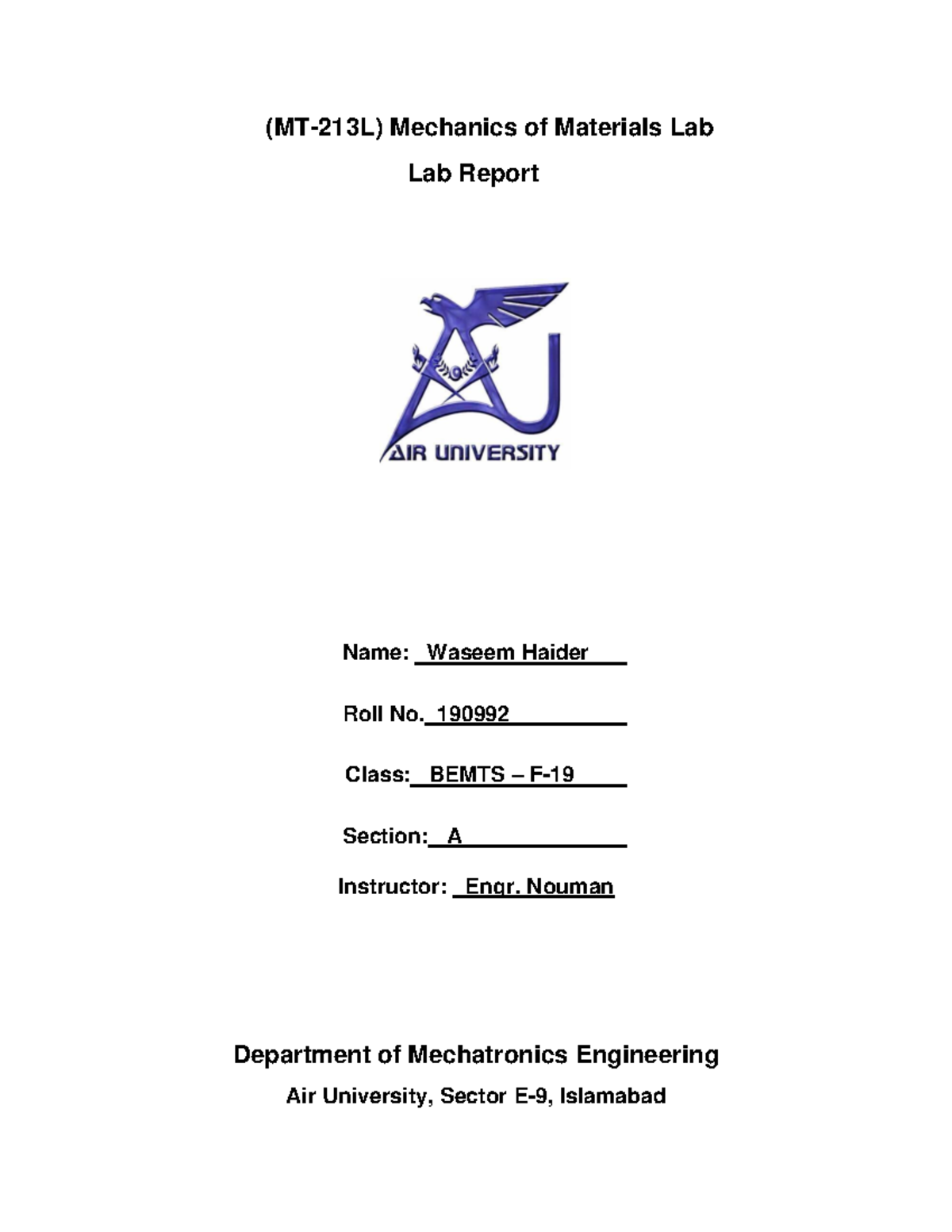 190992 MOM lab 9 simulation report - (MT-213L) Mechanics of Materials ...