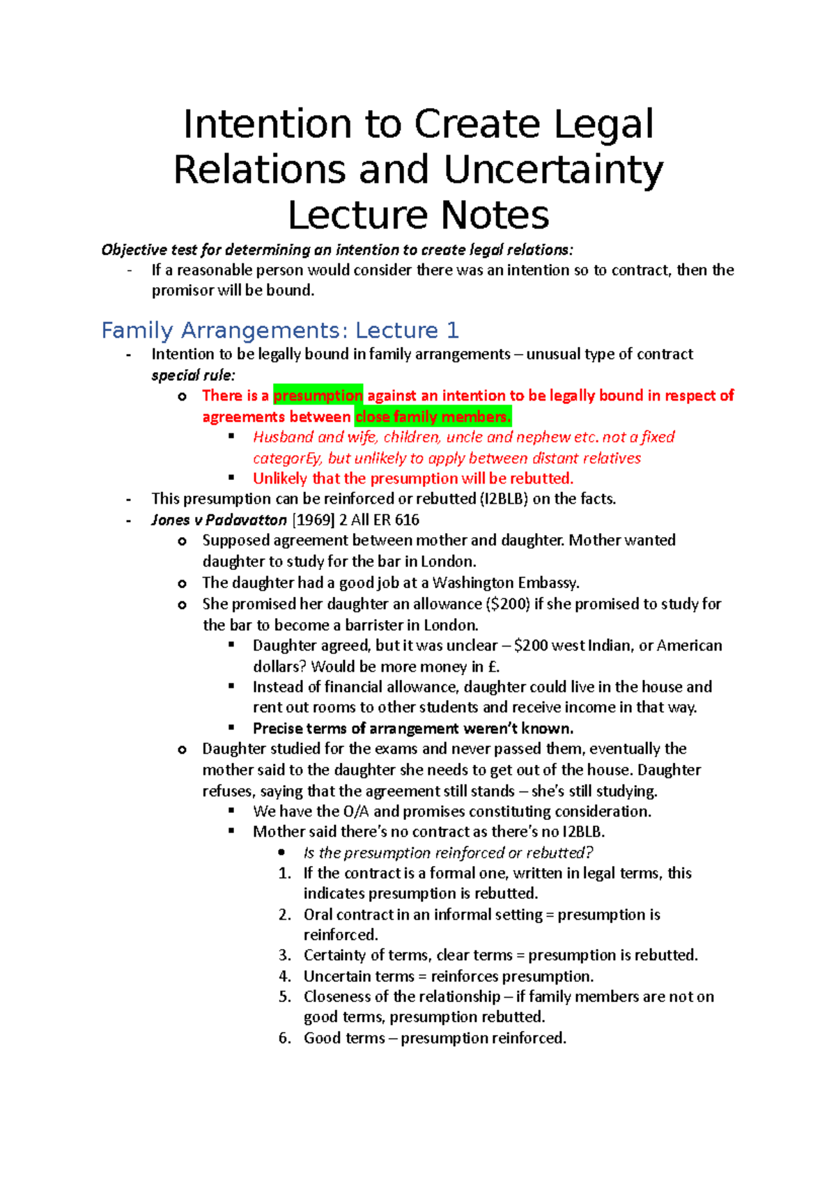 Intention to Create Legal Relations and Uncertainty Lecture Notes