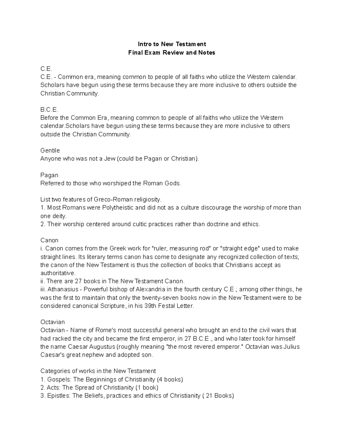 REL 3015 Final Intro To New Testament Final Exam Review And Notes C