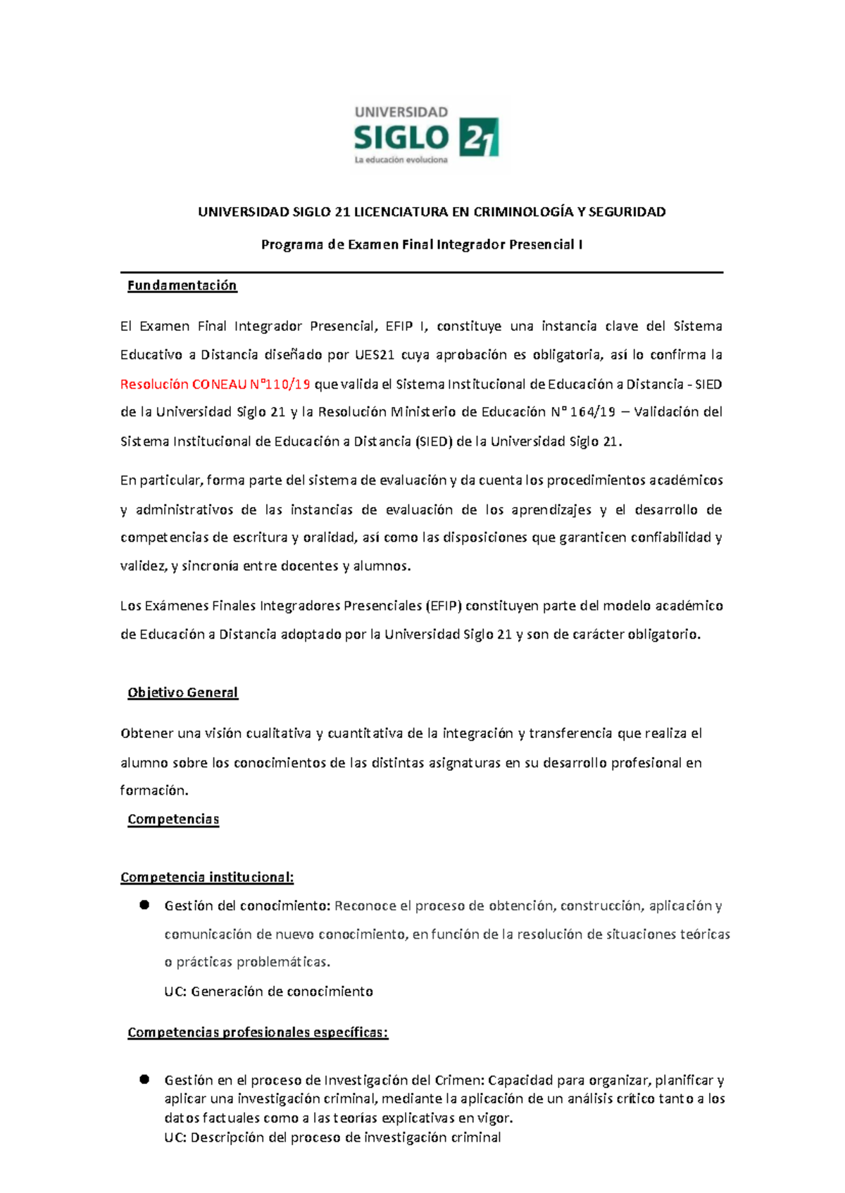 Programa Efip 1 Universidad Siglo 21 Licenciatura En Criminología Y