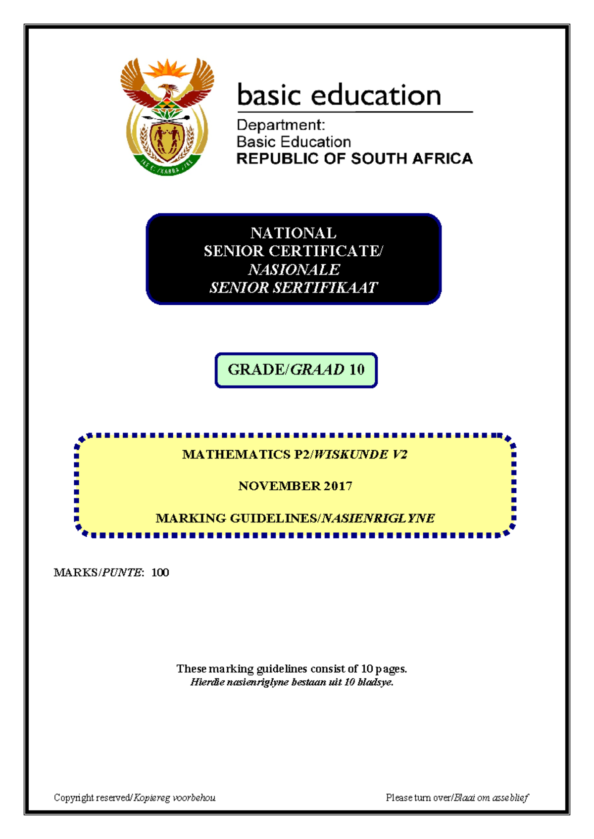 Mathematics P2 Grade 10 Nov 2017 Memo Afr & Eng - MARKS/PUNTE: 100 ...
