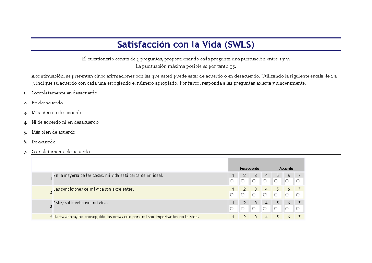 Escala de Satisfacción con la Vida - Satisfacción con la Vida (SWLS) El