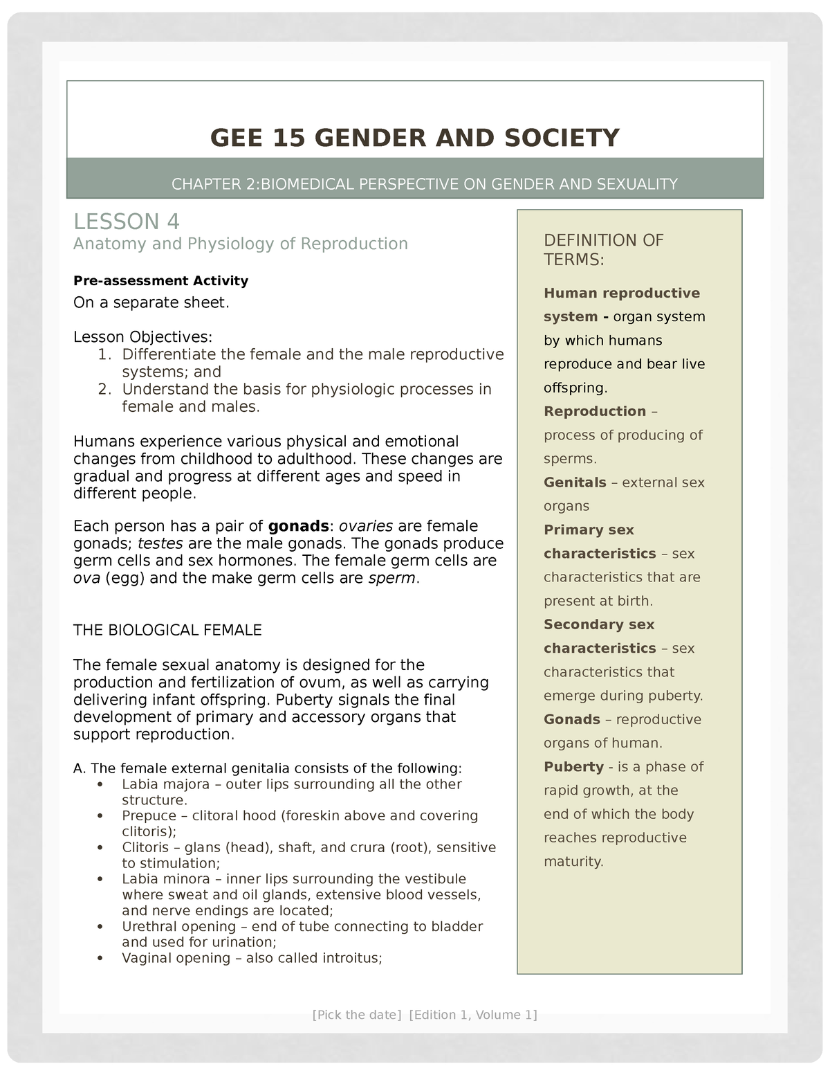 Chapter 2 Biomedical Perspective in Gender Sexuality - LESSON 4 Anatomy and  Physiology of - Studocu