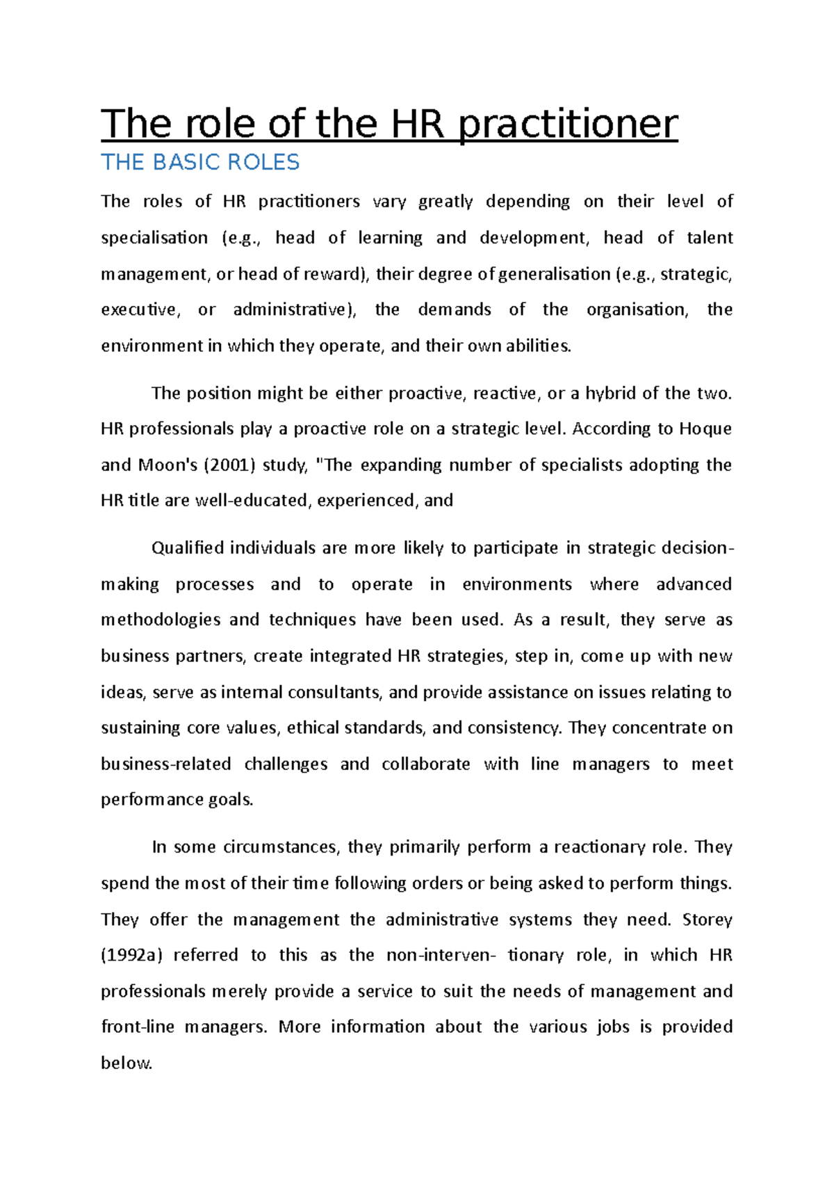 The role of the HR practitioner - , head of learning and development ...