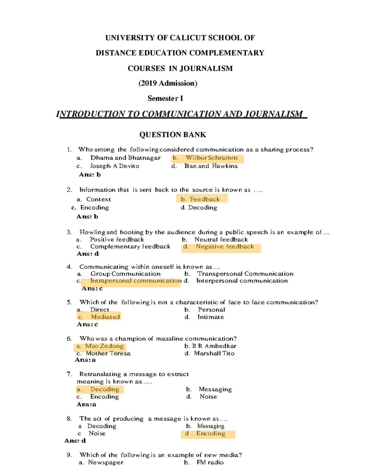 Journalism Highlight MCQ UNIVERSITY OF CALICUT SCHOOL OF DISTANCE