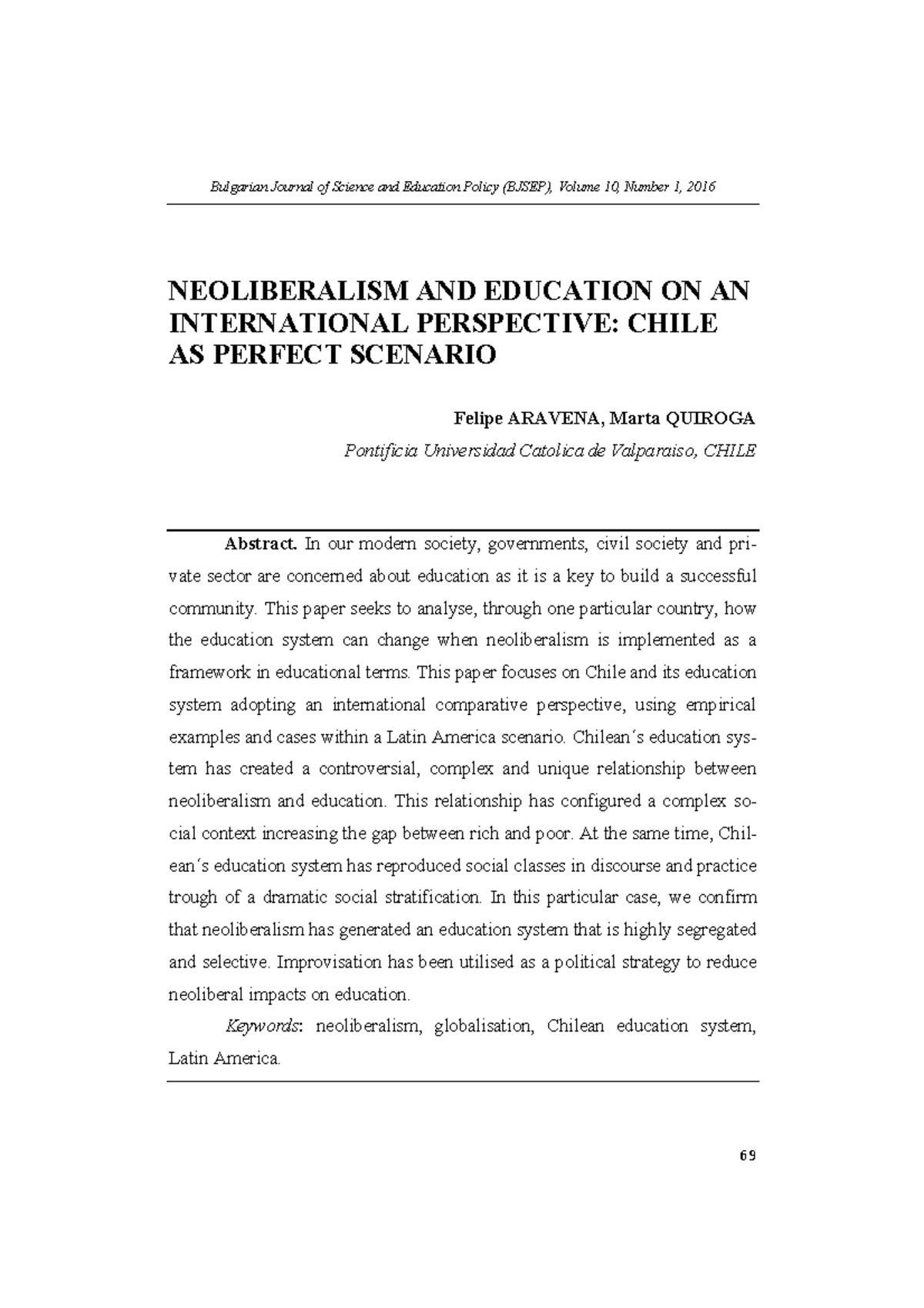 Education Chile ECON 100102 Bulgarian Journal of Science and