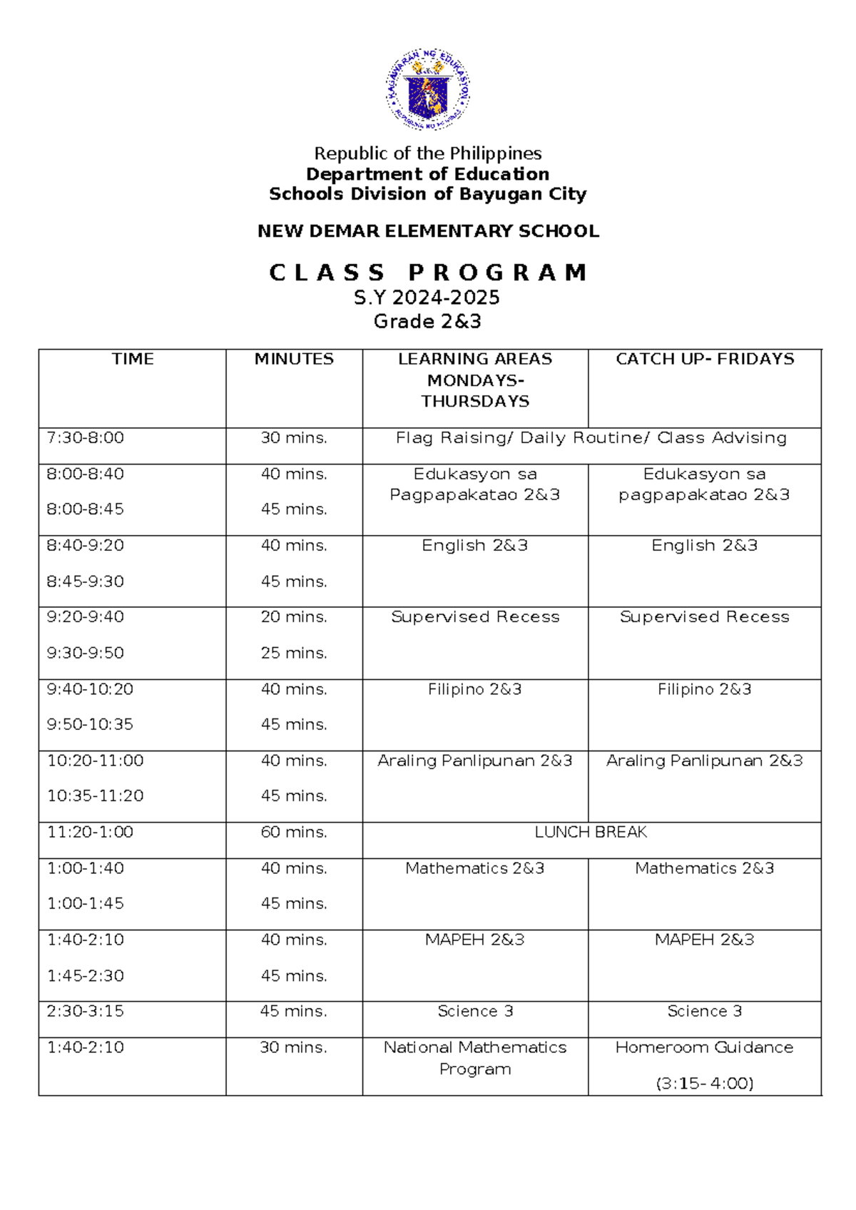 MG Class Program 23 - Republic of the Philippines Department of ...