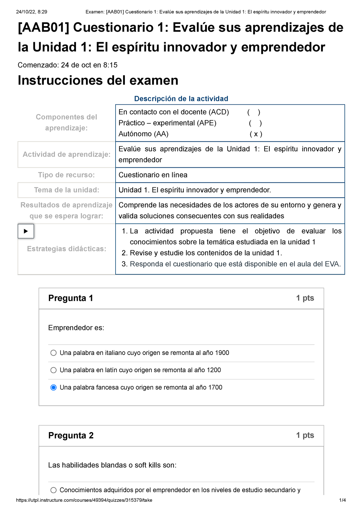 Examen [AAB01] Cuestionario 1 Evalúe Sus Aprendizajes De La Unidad 1 El ...