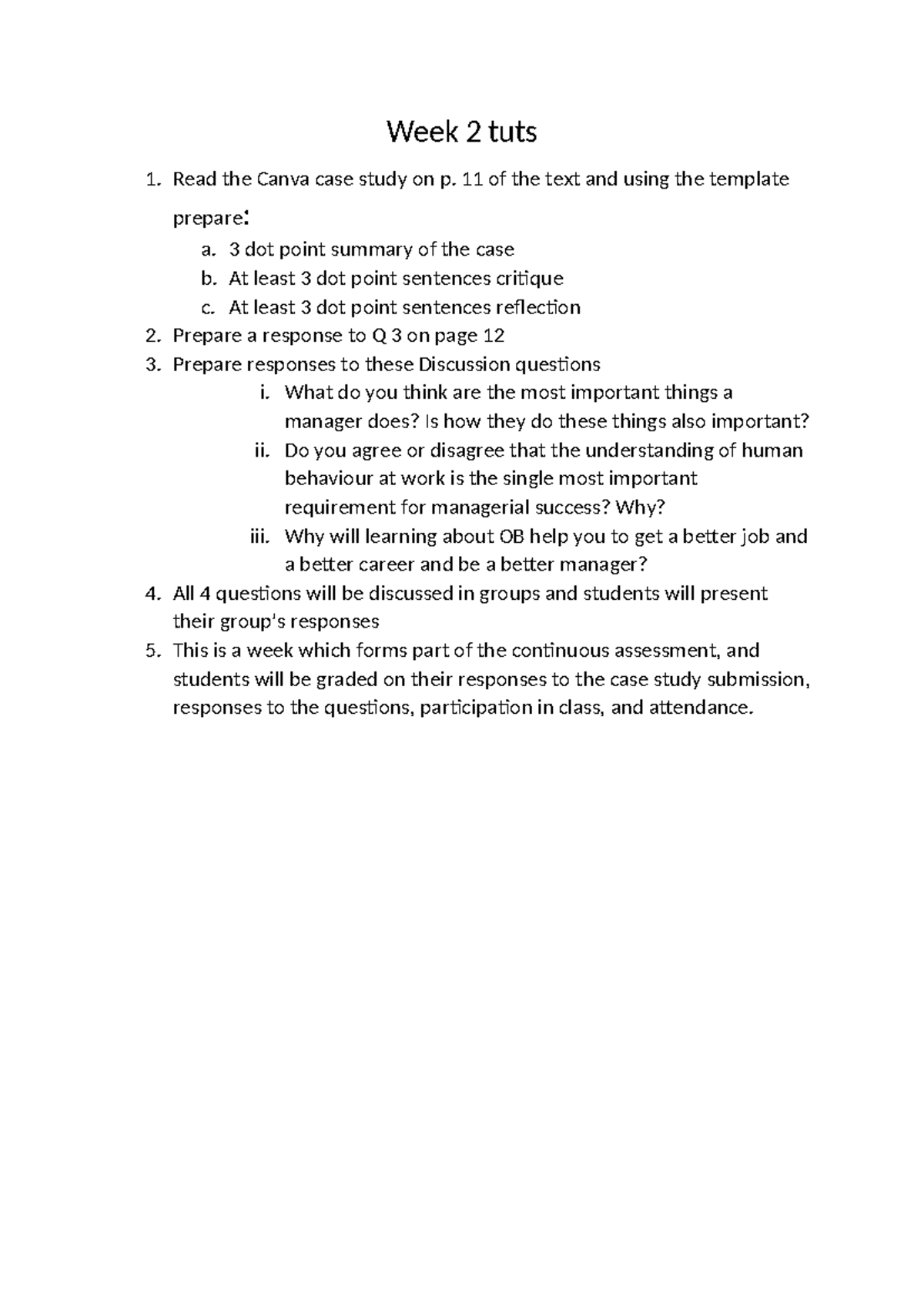 OB TUT 2 2023 Organisational Behaviour Week 2 2023 Week 2 tuts 1