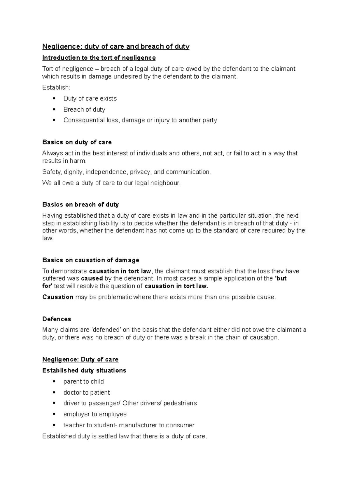 Negligence and duty - Lecture notes 2 - Negligence: duty of care and ...