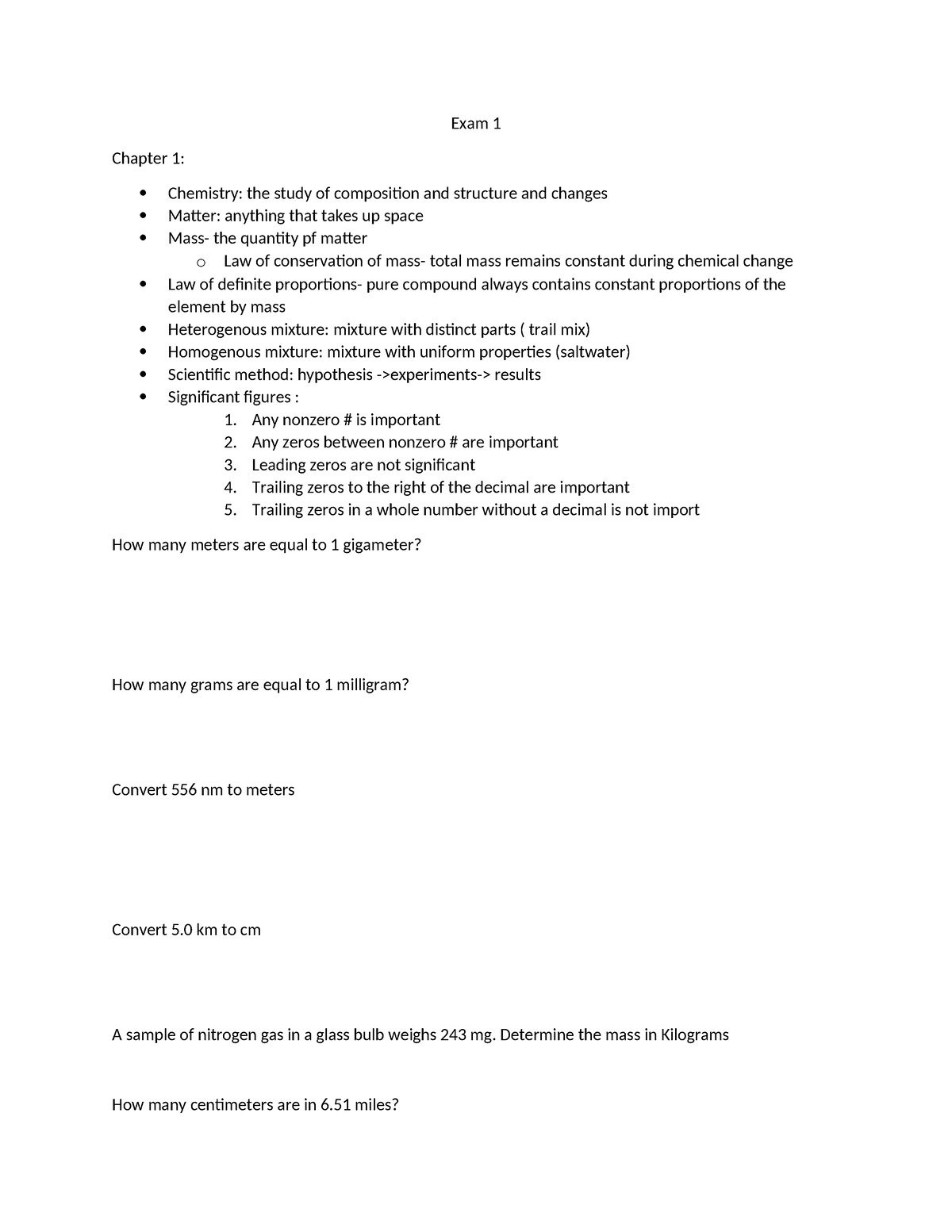 Chem Exam 1 Study Guide - Exam 1 Chapter 1: Chemistry: The Study Of ...