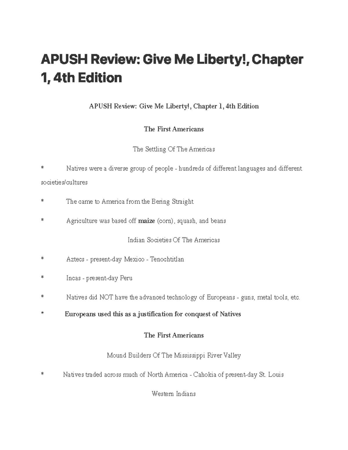 Apush Review Give Me Liberty, Chapter 1, 4th Edition APUSH Review
