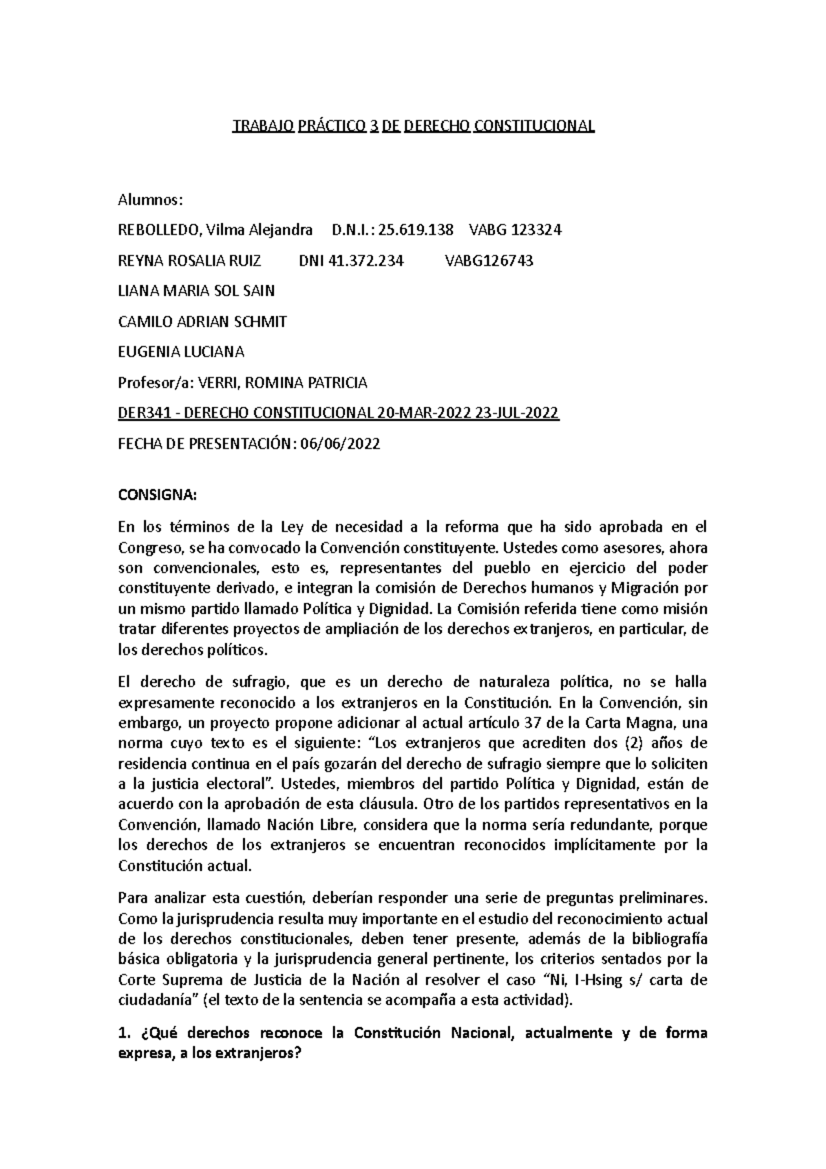 Trabajo Práctico 3 DE Derecho Constitucional - TRABAJO PRÁCTICO 3 DE ...