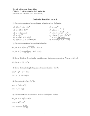 Lista Derivadas Parciais Quarta Lista De Exerc Cios C Alculo Ii Engenharia De Produc