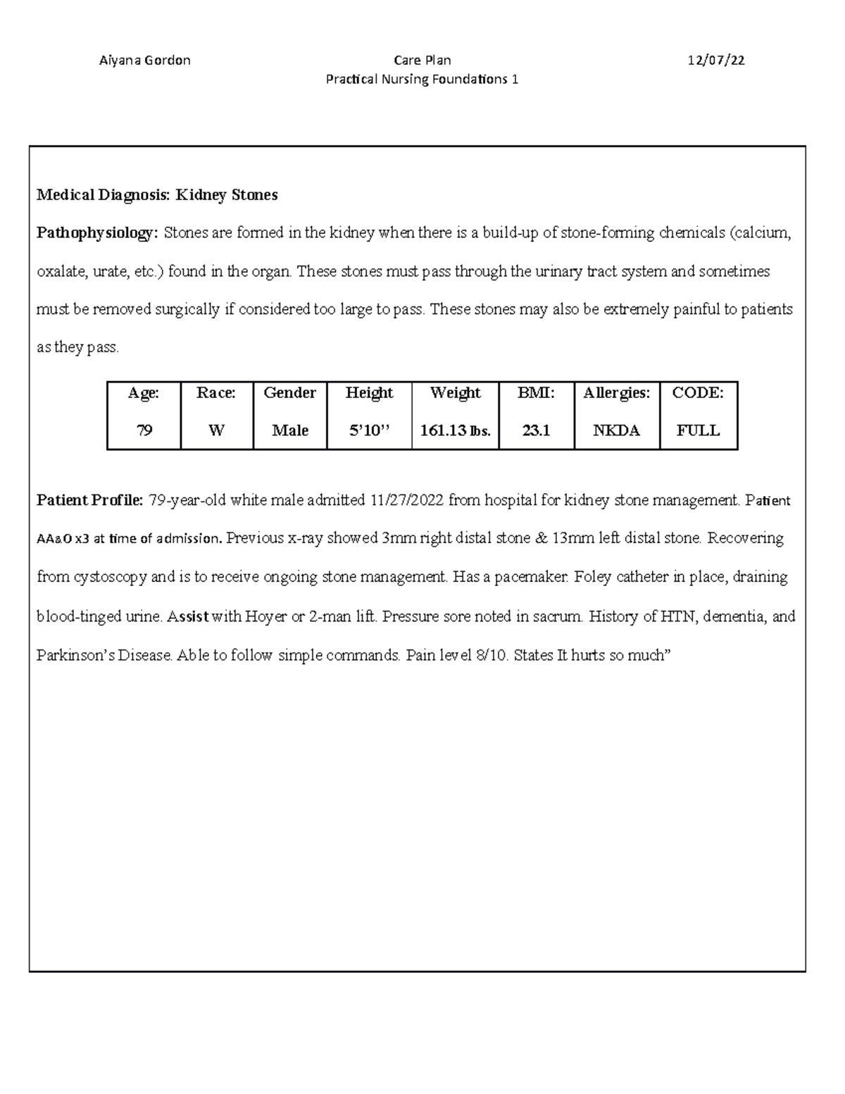 End of Course Care Plan Kidney stone PN care plan Aiyana Gordon