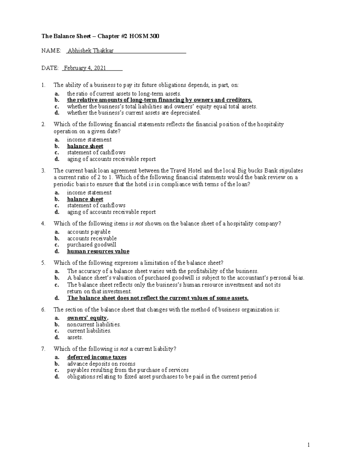 HOSM 300 QUIZ 2 - CH Quiz - The Balance Sheet – Chapter #2 HOSM 300 ...