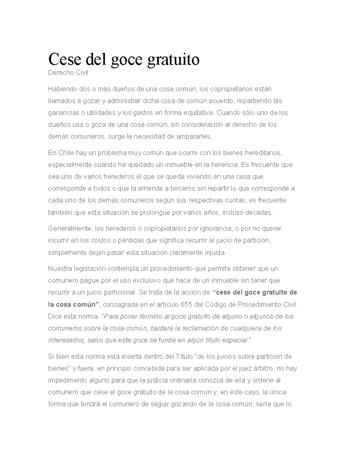 Cese del goce gratuito - Cese del goce gratuito Derecho Civil Habiendo ...