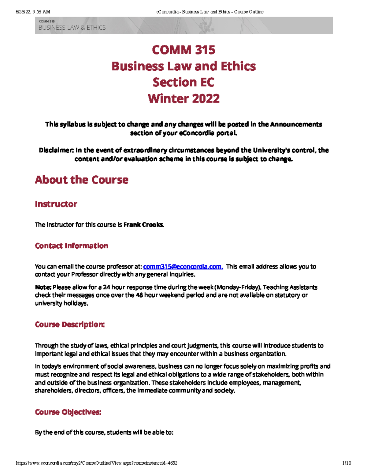 COMM 315 - outline - COMM 315 Business Law and Ethics Section EC Winter ...