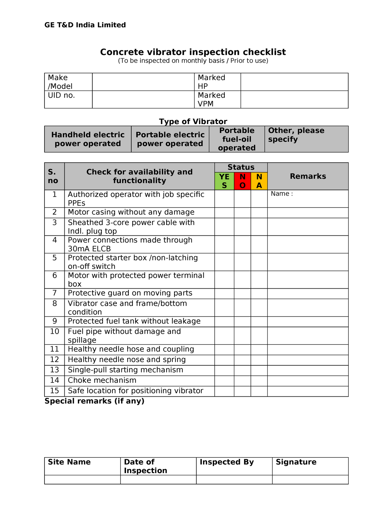 Pdfcoffee.com concrete-vibrator-checklist-ver-0-pdf-free - GE T&D India ...