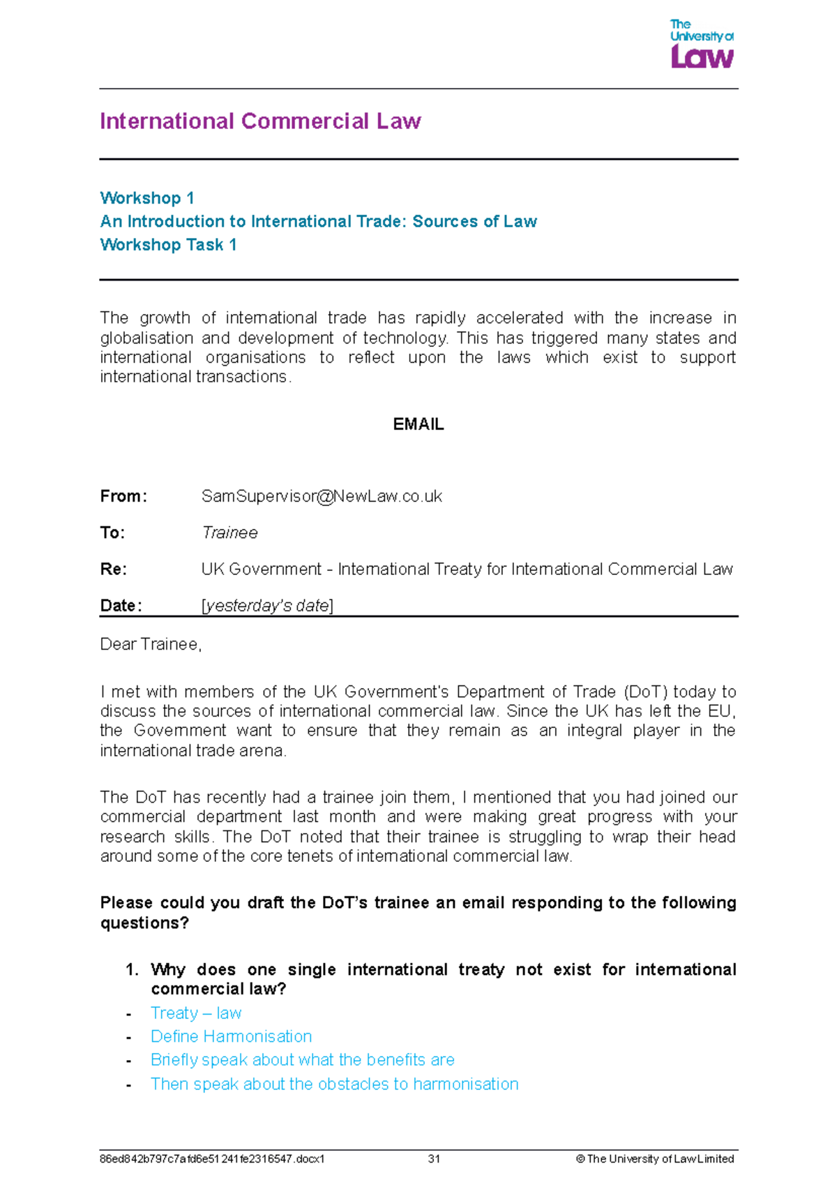 Int C w1 - International Commercial Law Workshop 1 An Introduction to ...