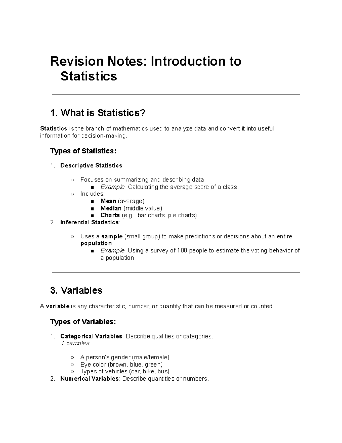 Bus stat topic 1 - 1234568 - Revision Notes: Introduction to Statistics ...