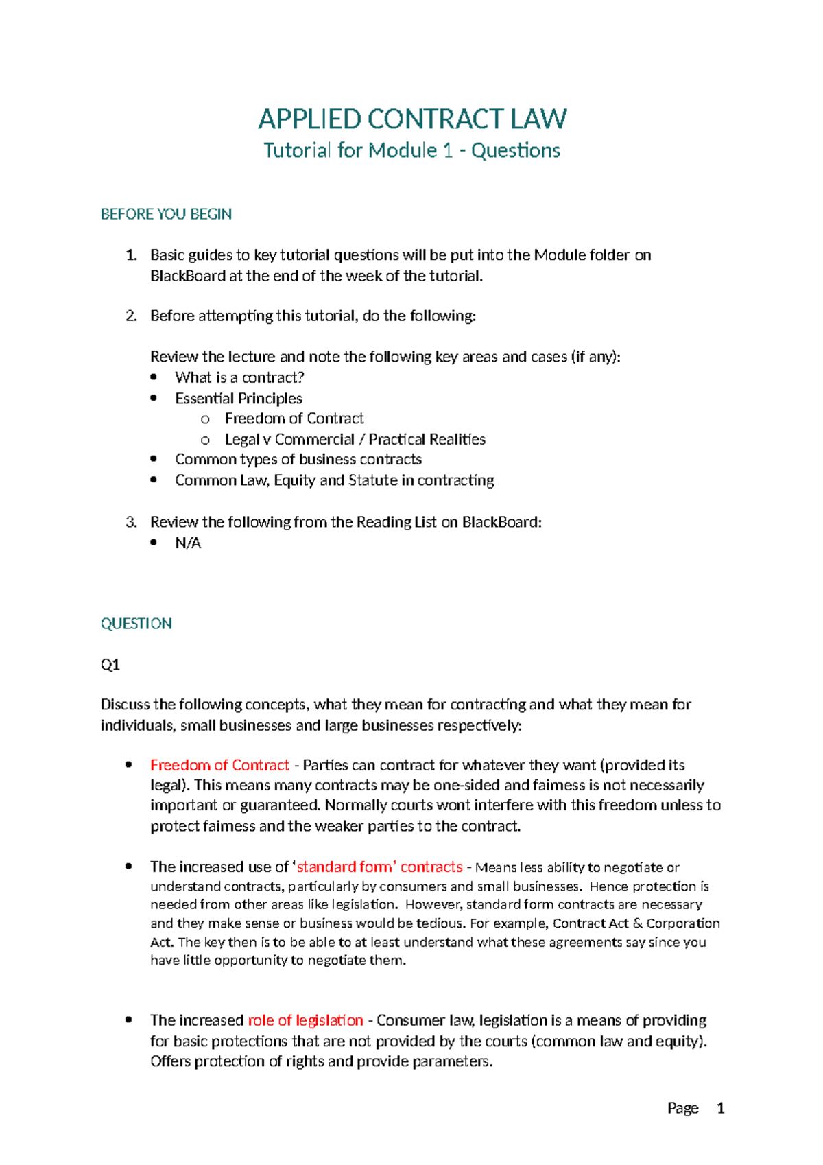 Module 1 Tutorial Questions Converted Page 1 Applied Contract Law Module 1 Tutorial Questions Converted Page 1 Applied Contract Law