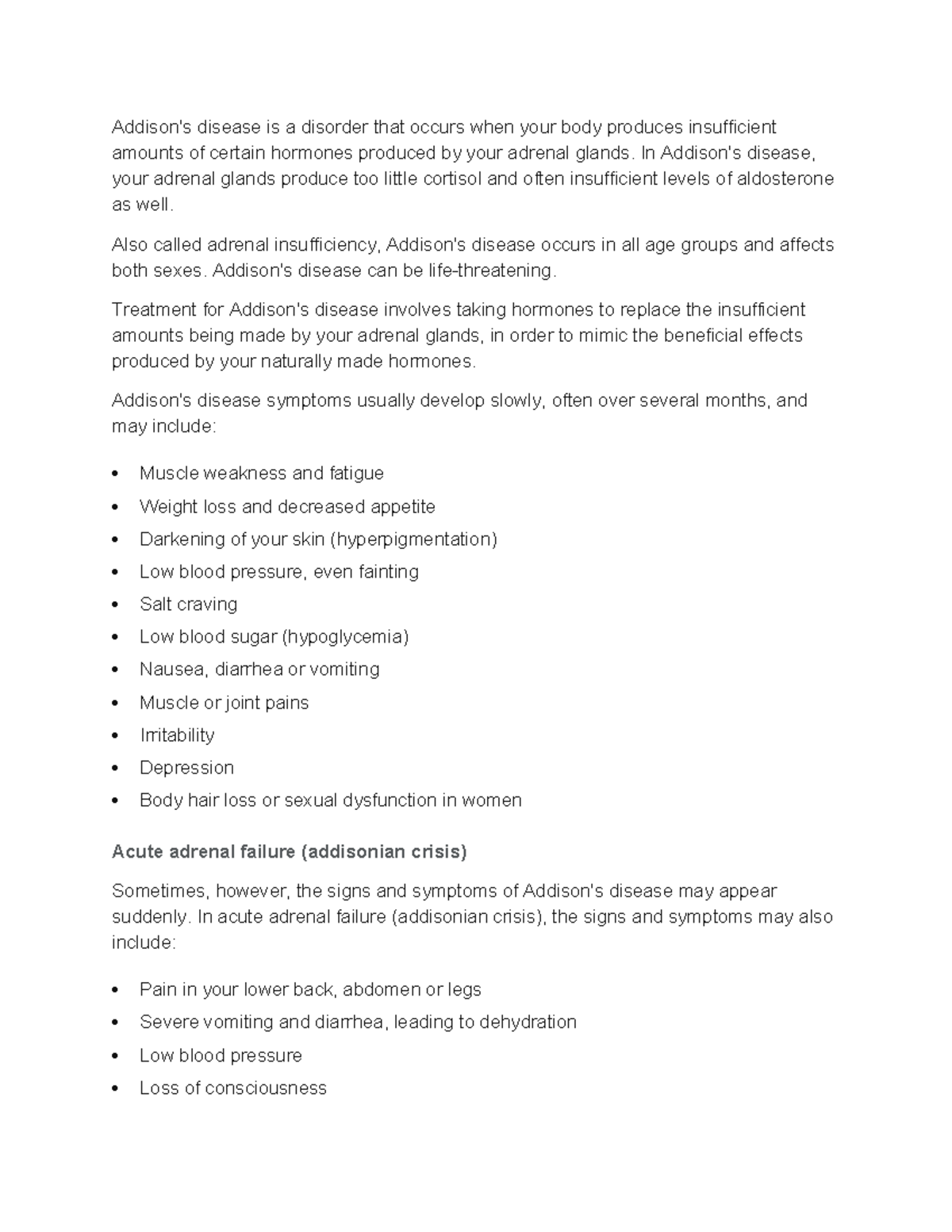 Addison - Notes - Addison's disease is a disorder that occurs when your ...