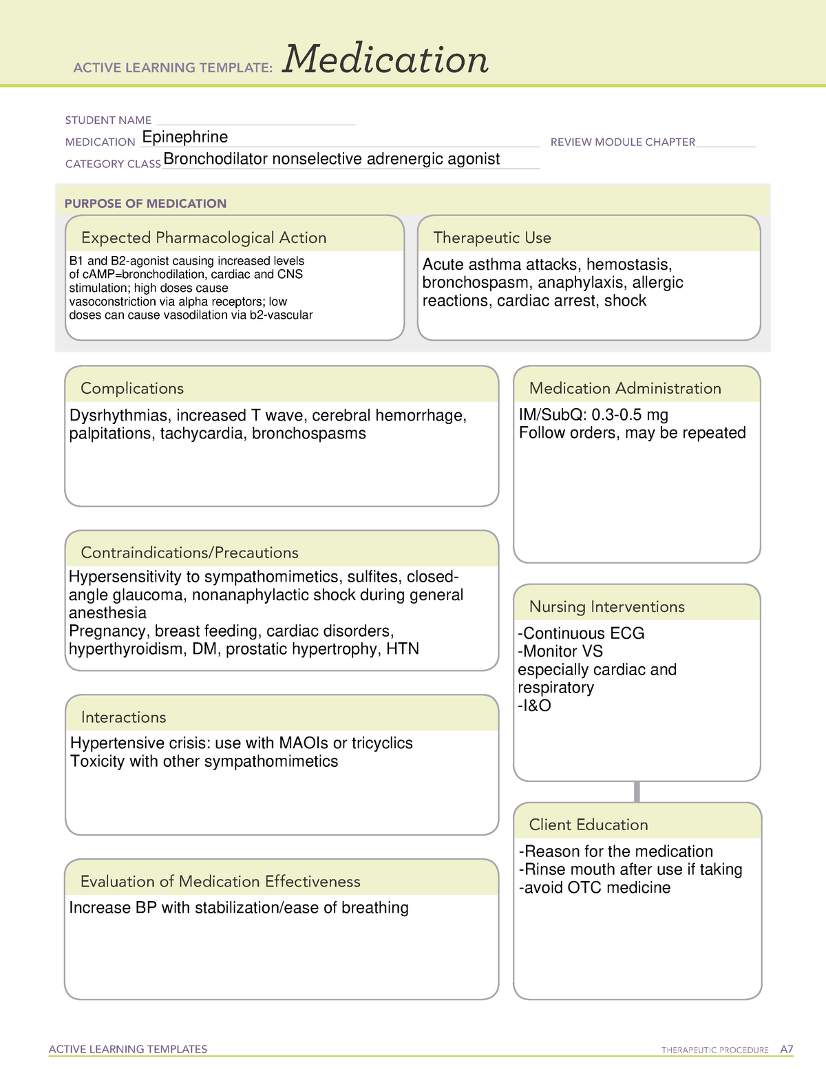 Epinephrine ati ACTIVE LEARNING TEMPLATES THERAPEUTIC PROCEDURE A