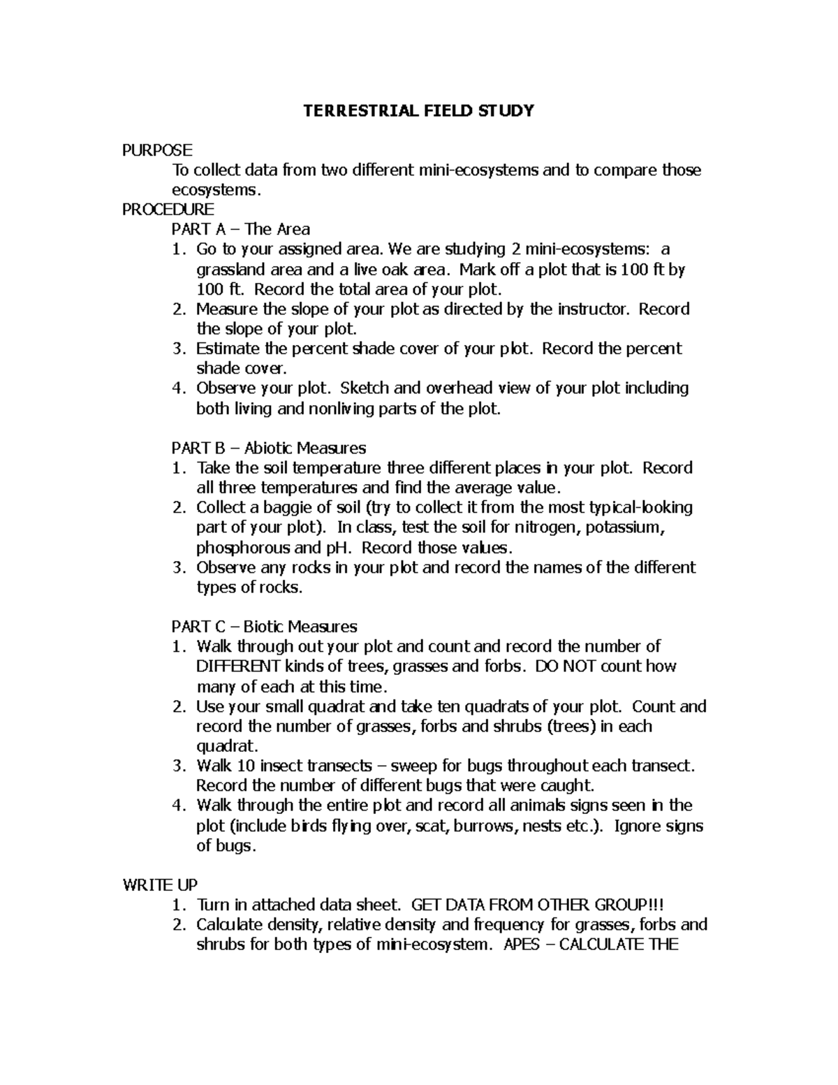 Copy of Terrestrial Field Study - TERRESTRIAL FIELD STUDY PURPOSE To ...