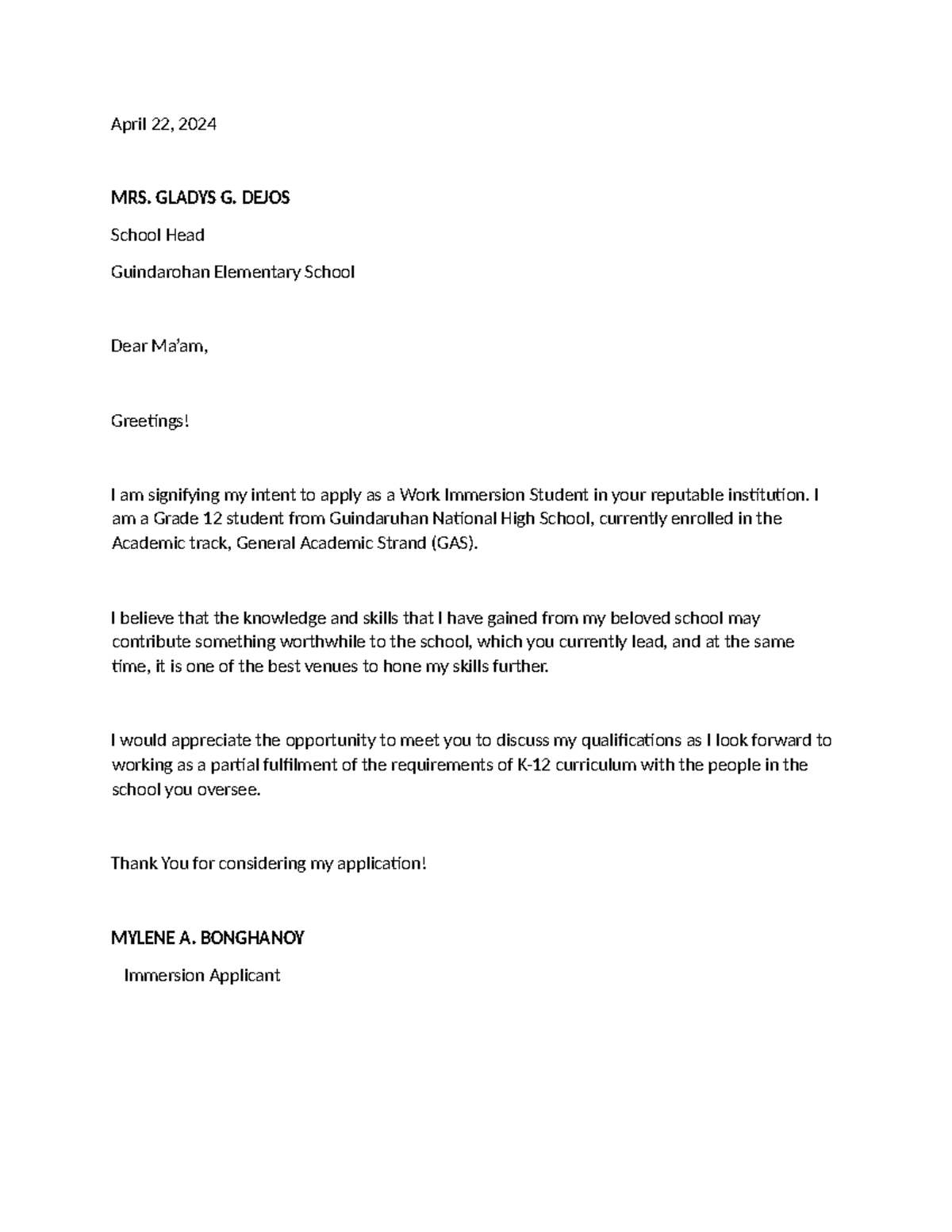 Mylene (WORK Immersion Application Letter) - April 22, 2024 MRS. GLADYS ...