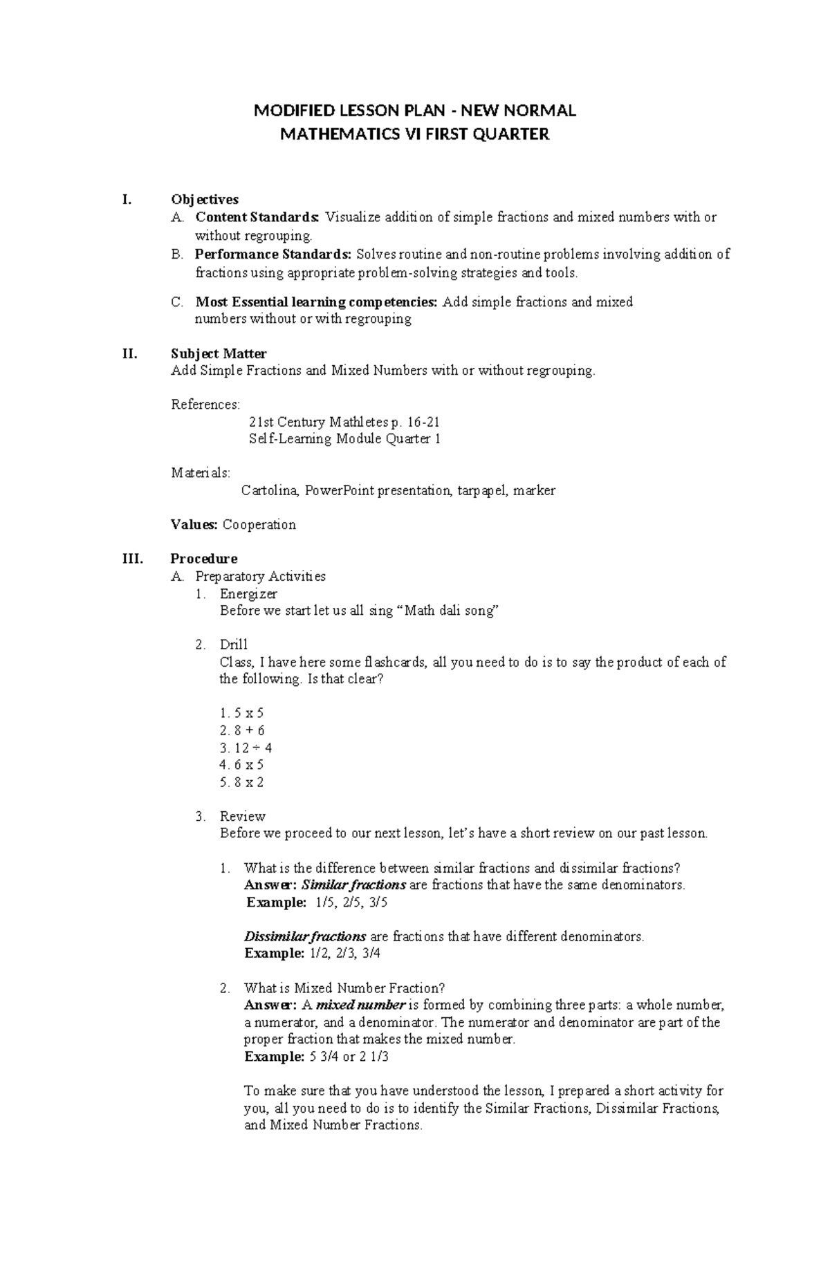 Mathematics 6 Lesson Plan - Modified Lesson Plan - New Normal 