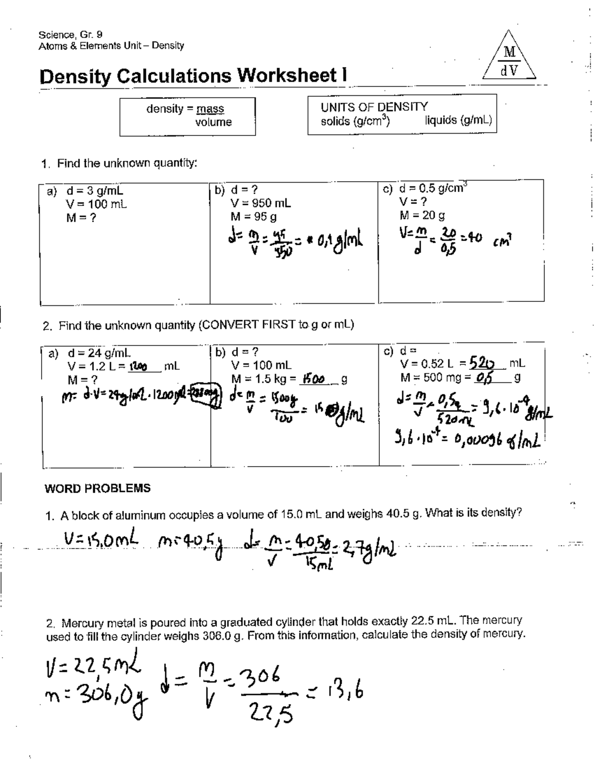 Density worksheet - Studocu