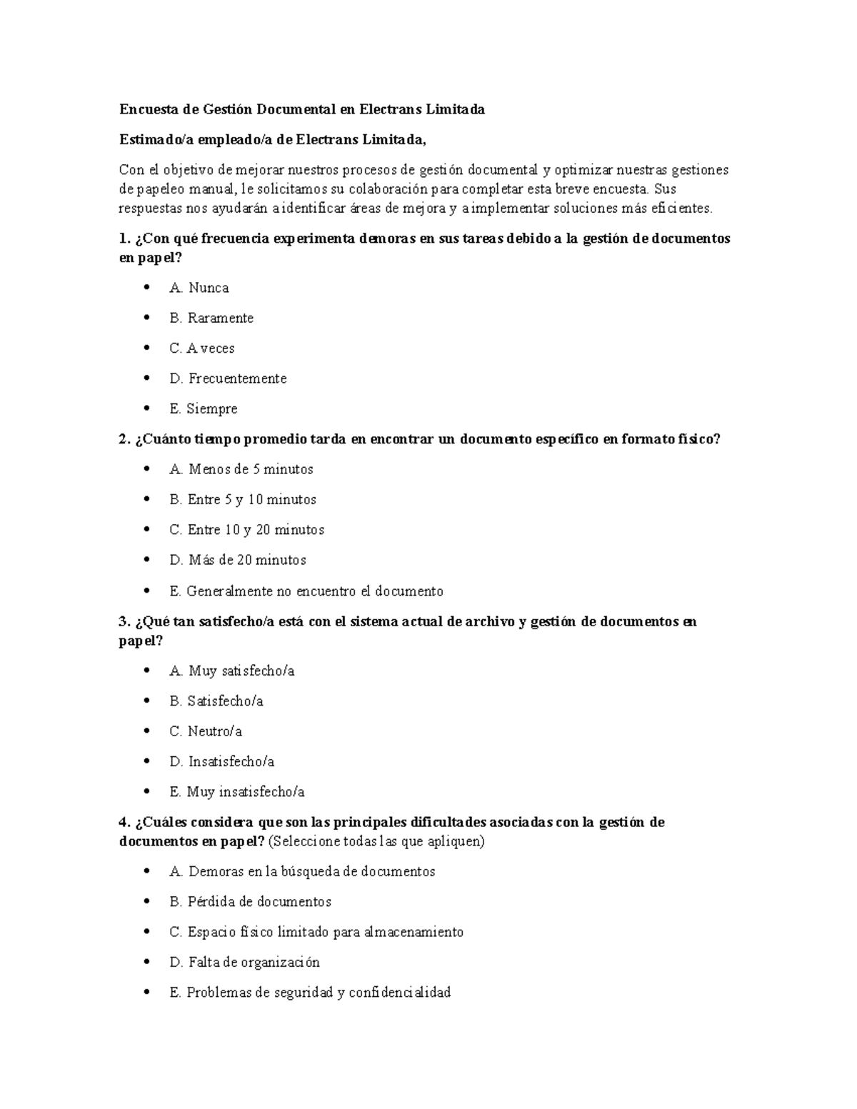 Encuesta Empleados Electrans - Encuesta de Gestión Documental en ...