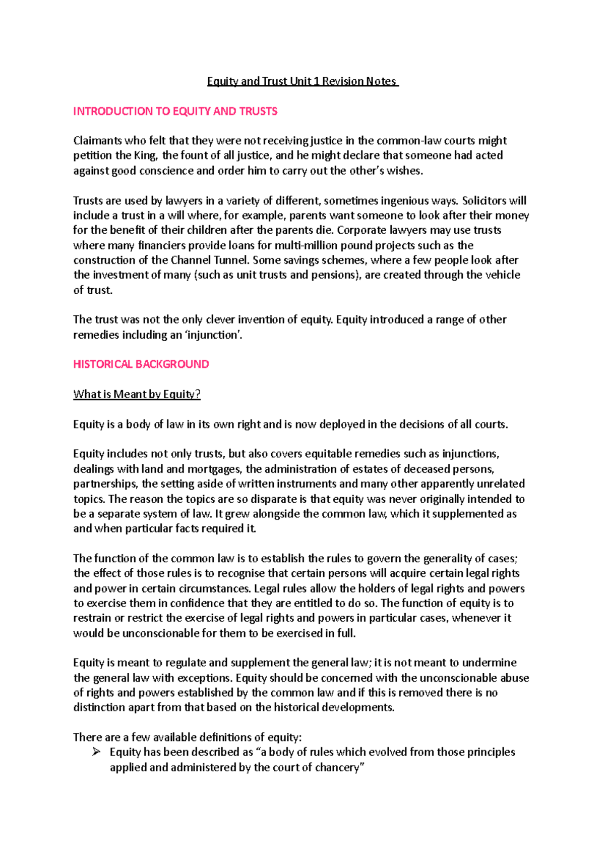 Equity and Trust Unit 1 Revision Notes - Trusts are used by lawyers in ...