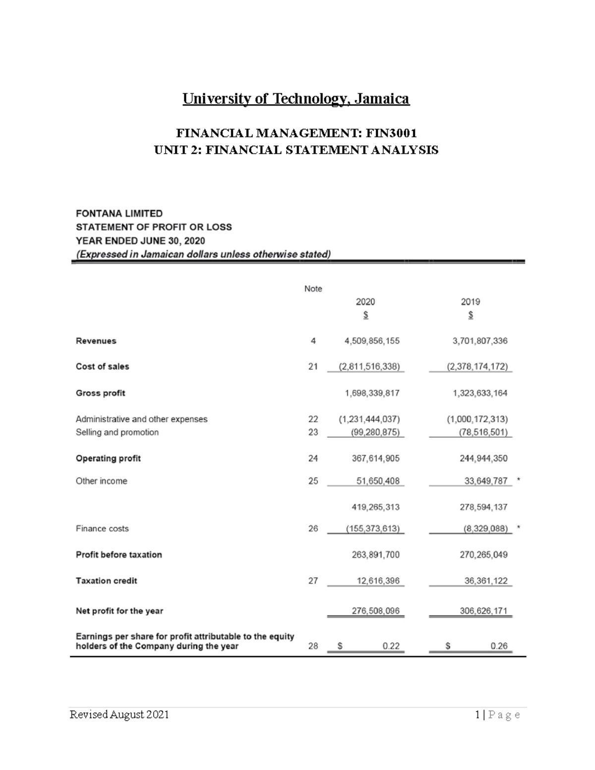 Fin Man Unit 2 Tutorial-Financial Statement Analysis revised Aug2021 ...