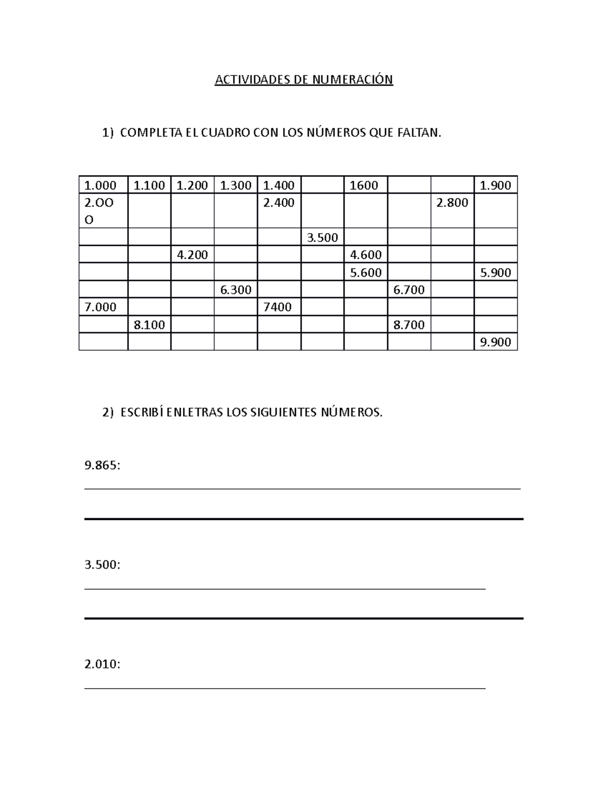 Actividades DE Numeración Unidad DE MIL - ACTIVIDADES DE NUMERACIÓN 1 ...