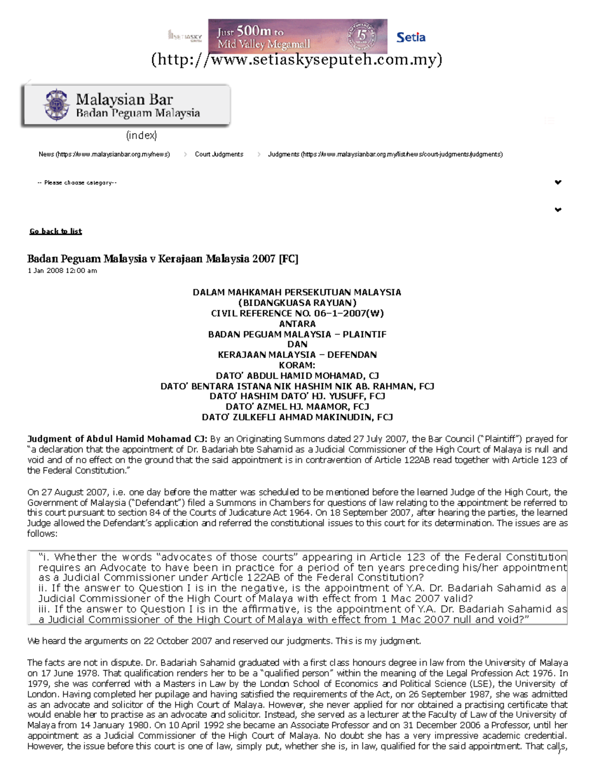 Badan Peguam Malaysia v Kerajaan Malaysia 2007 [FC] - The 