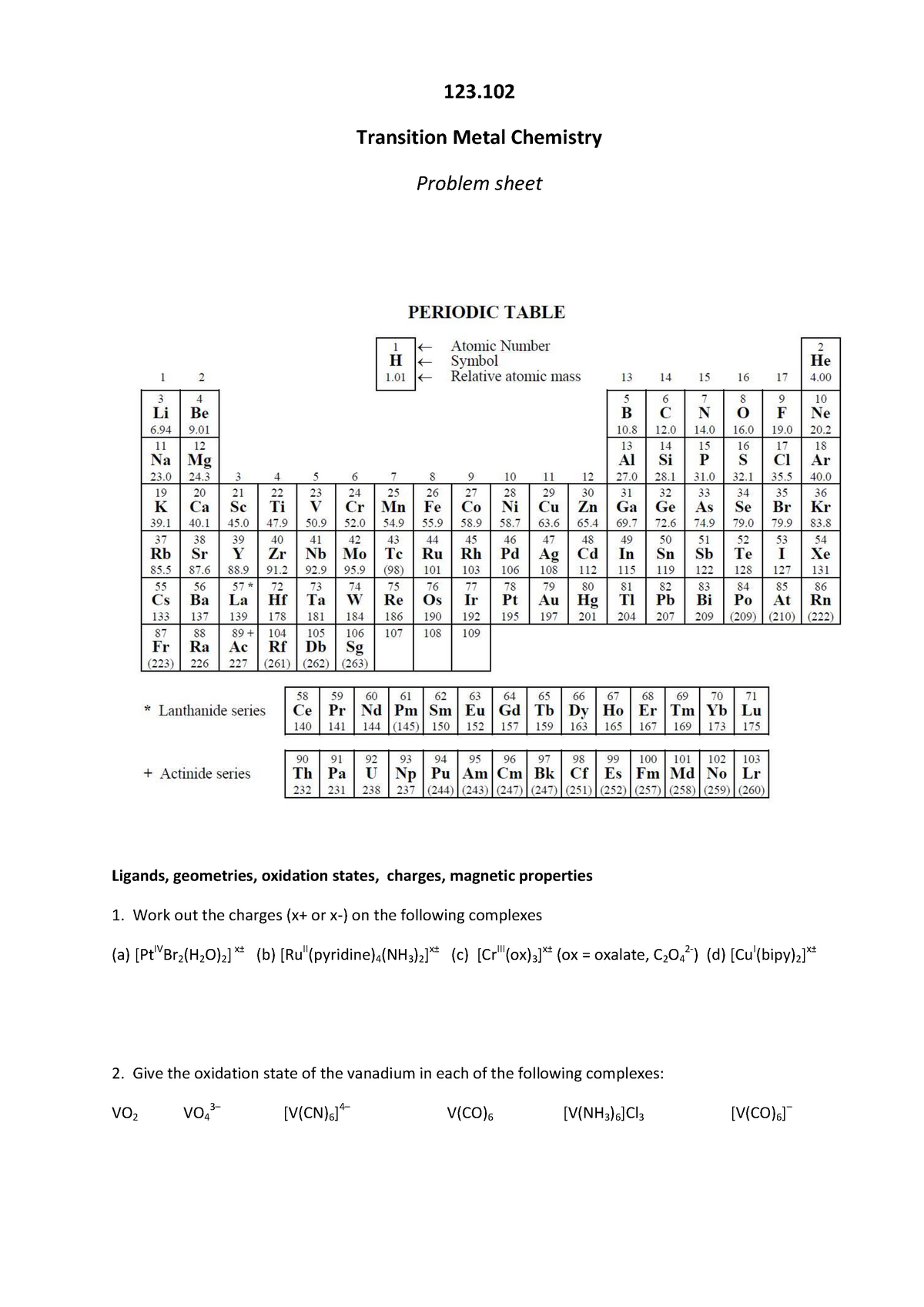 Transition Metal Chemistry - Problem Sheet - 123. Transition Metal ...