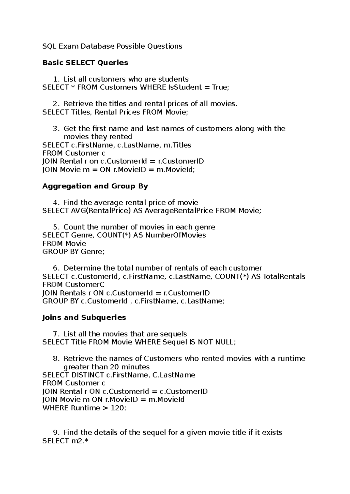 SQL Exam Database Possible Questions - List all customers who are ...