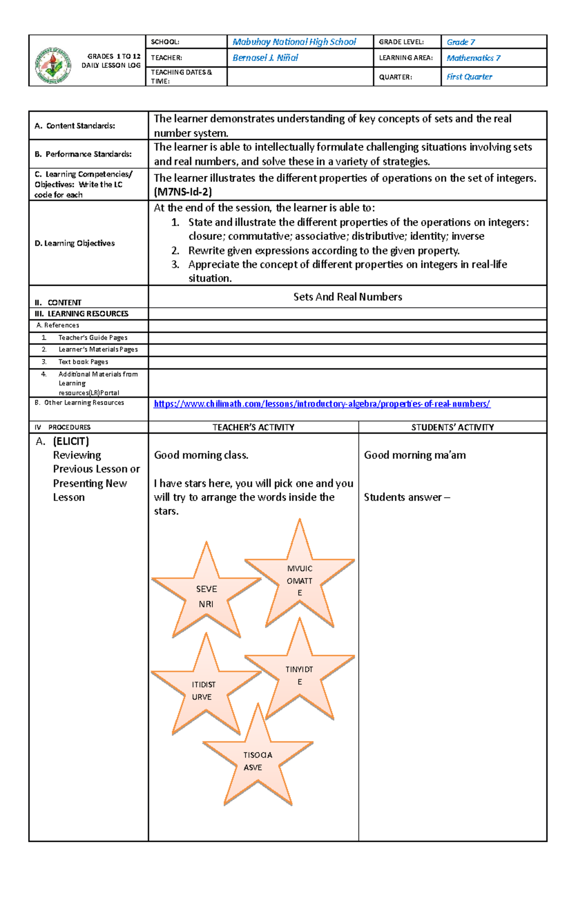 LP 10 - This lesson plan is about sets and real numbers - GRADES 1 TO ...