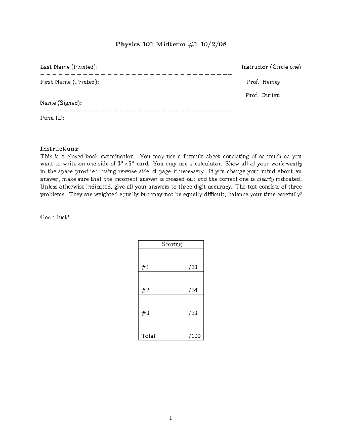 Mid 1 F08 - Practice Questions For Exam 1 - Physics 101 Midterm #1 10/2 ...