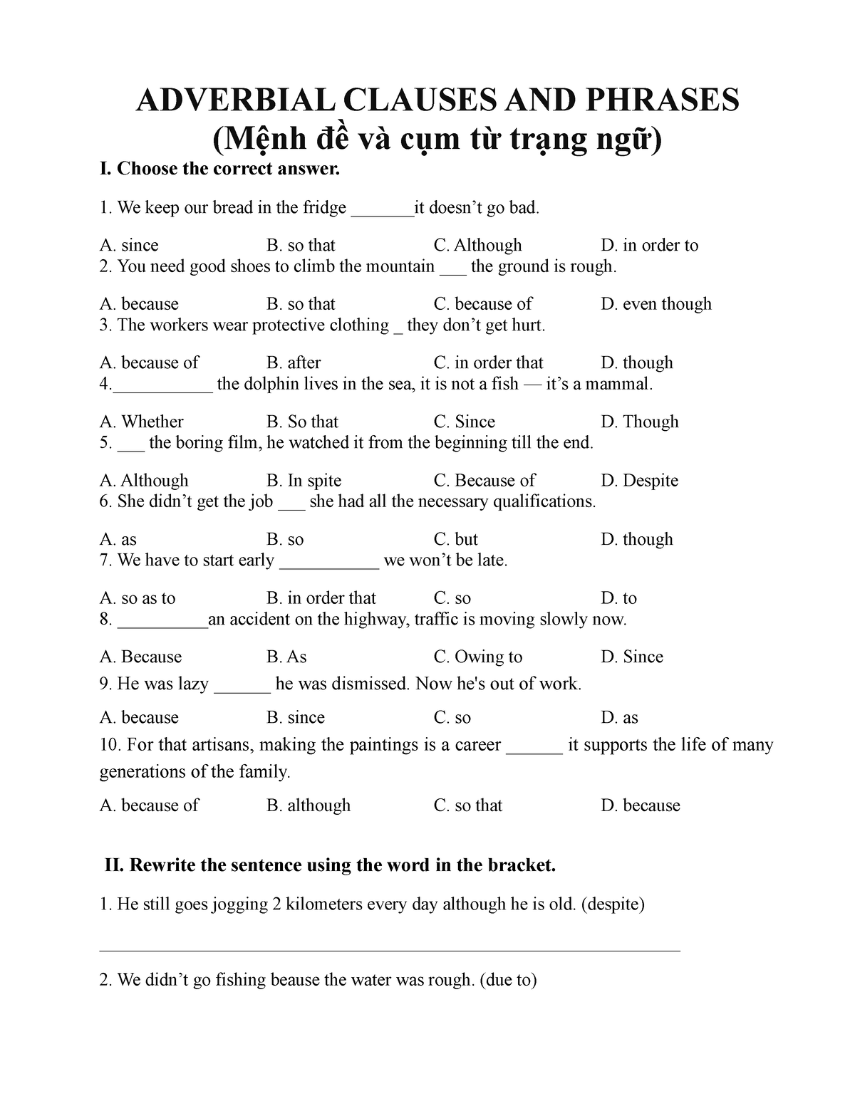 Adverbial Clauses AND Phrases ( Ôn Tập) - ADVERBIAL CLAUSES AND PHRASES ...