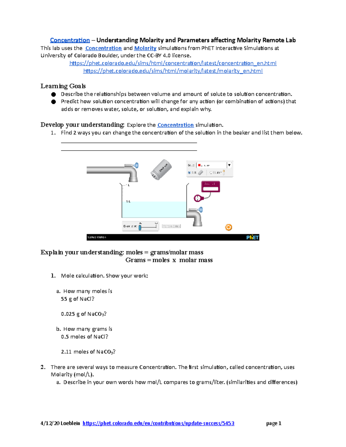 Concentration Molarity Lab 2022 - Concentration – Understanding ...