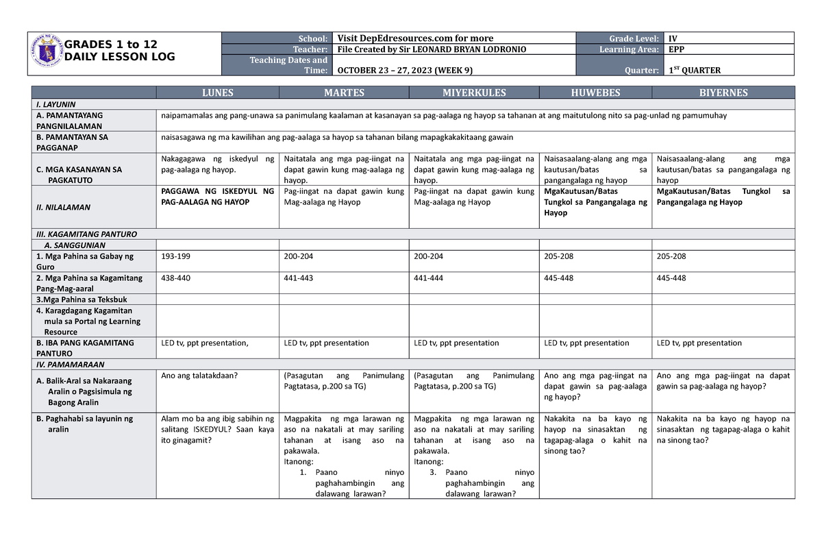 DLL EPP 4 Q1 W9 - Daily Lesson Plan - GRADES 1 To 12 DAILY LESSON LOG ...