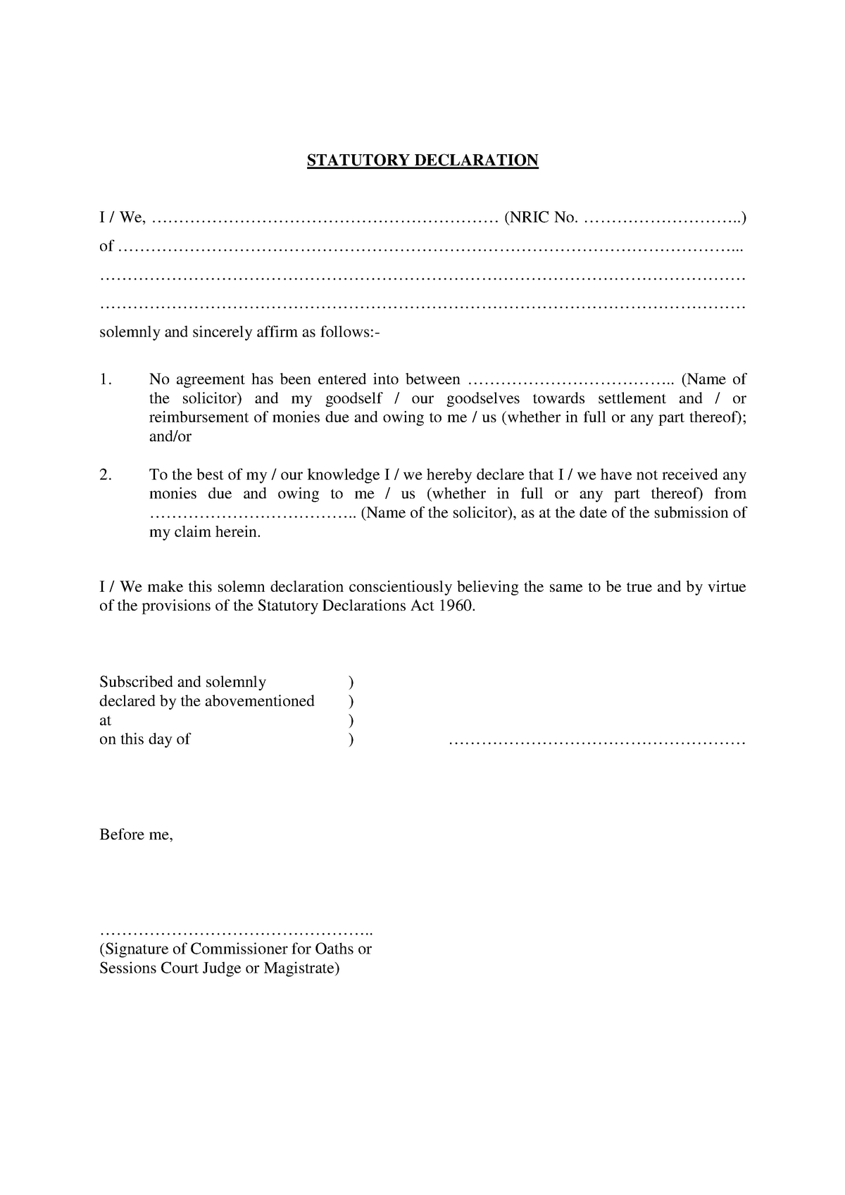 CF Forms For Website Or Customer Information - STATUTORY DECLARATION I ...