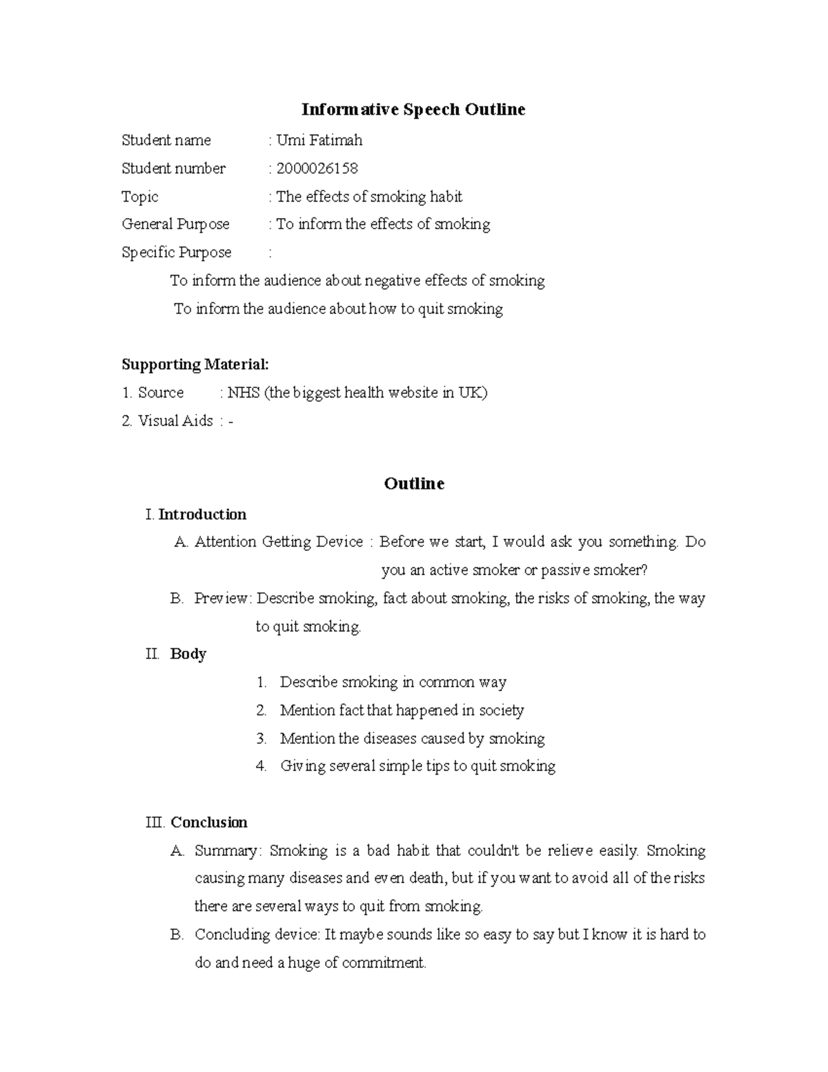 Informative Speech Outline - Informative Speech Outline Student Name ...